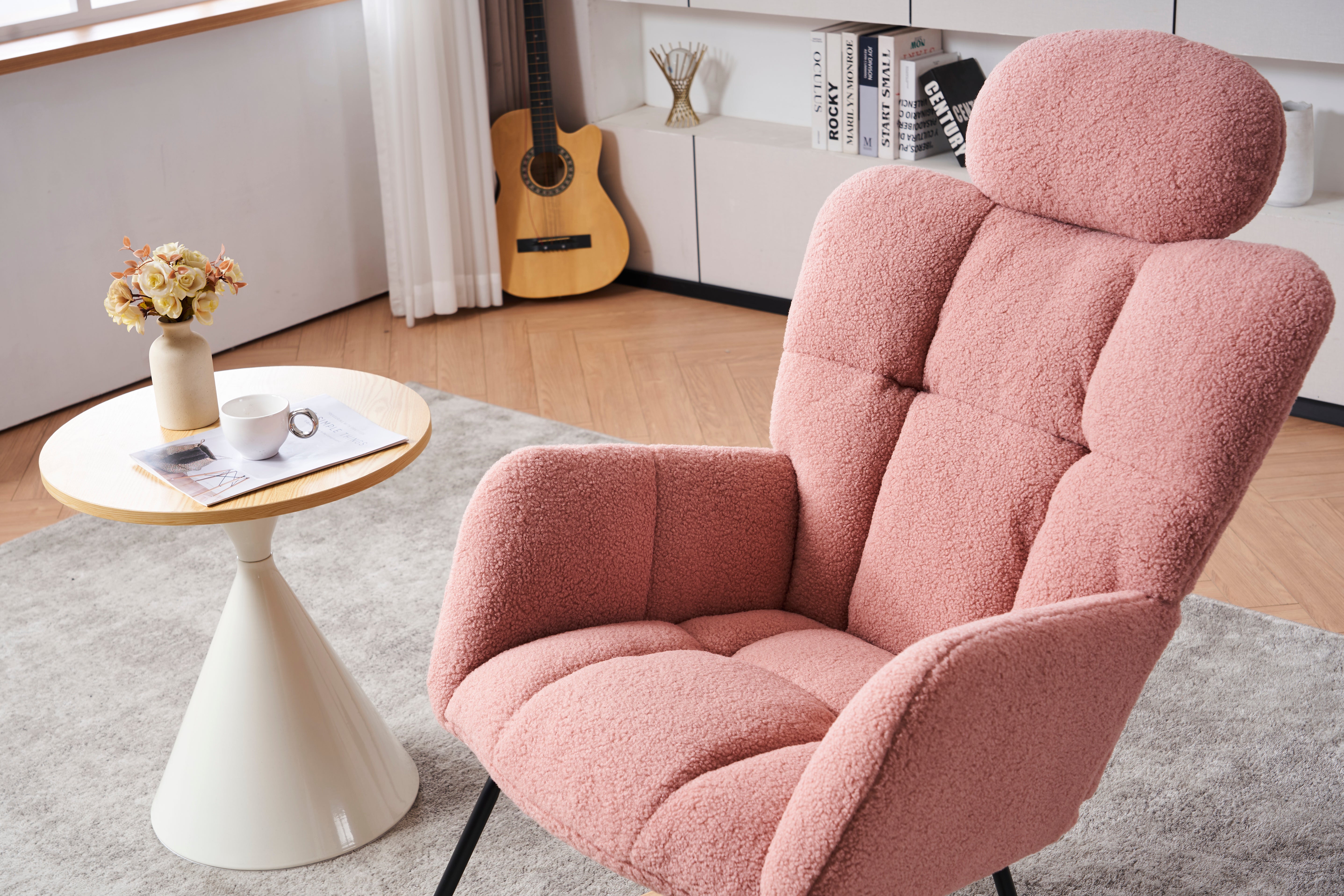 Rocking Chair 055, Tufted Upholstered, Pink Teddy Fabric