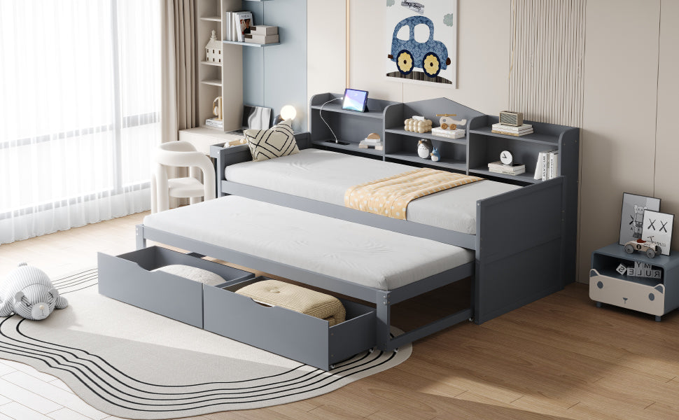 Sofa bed 90*200 with Pull-Out Bed, Drawers & USB Socket, Wood, Gray