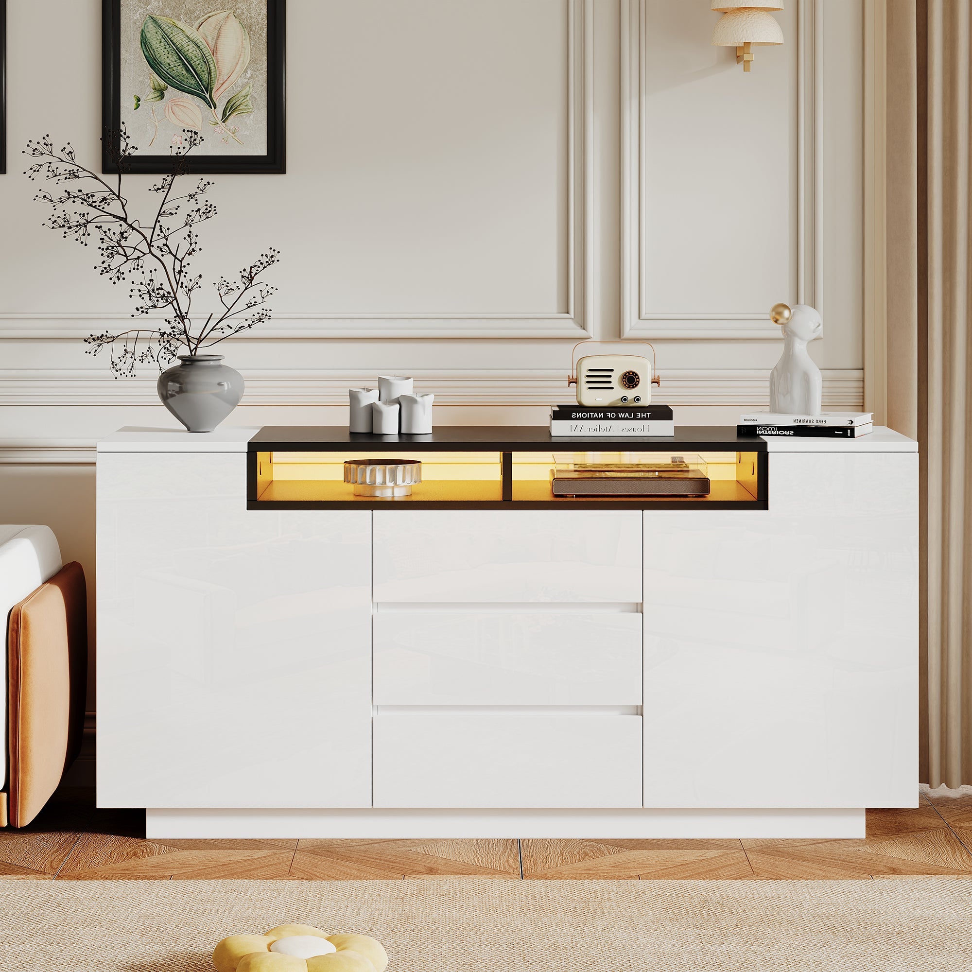 Sideboard Cabinet 140x40x68cm Adjustable Dividers LED Lights 3 Drawers, High-Gloss White/Black