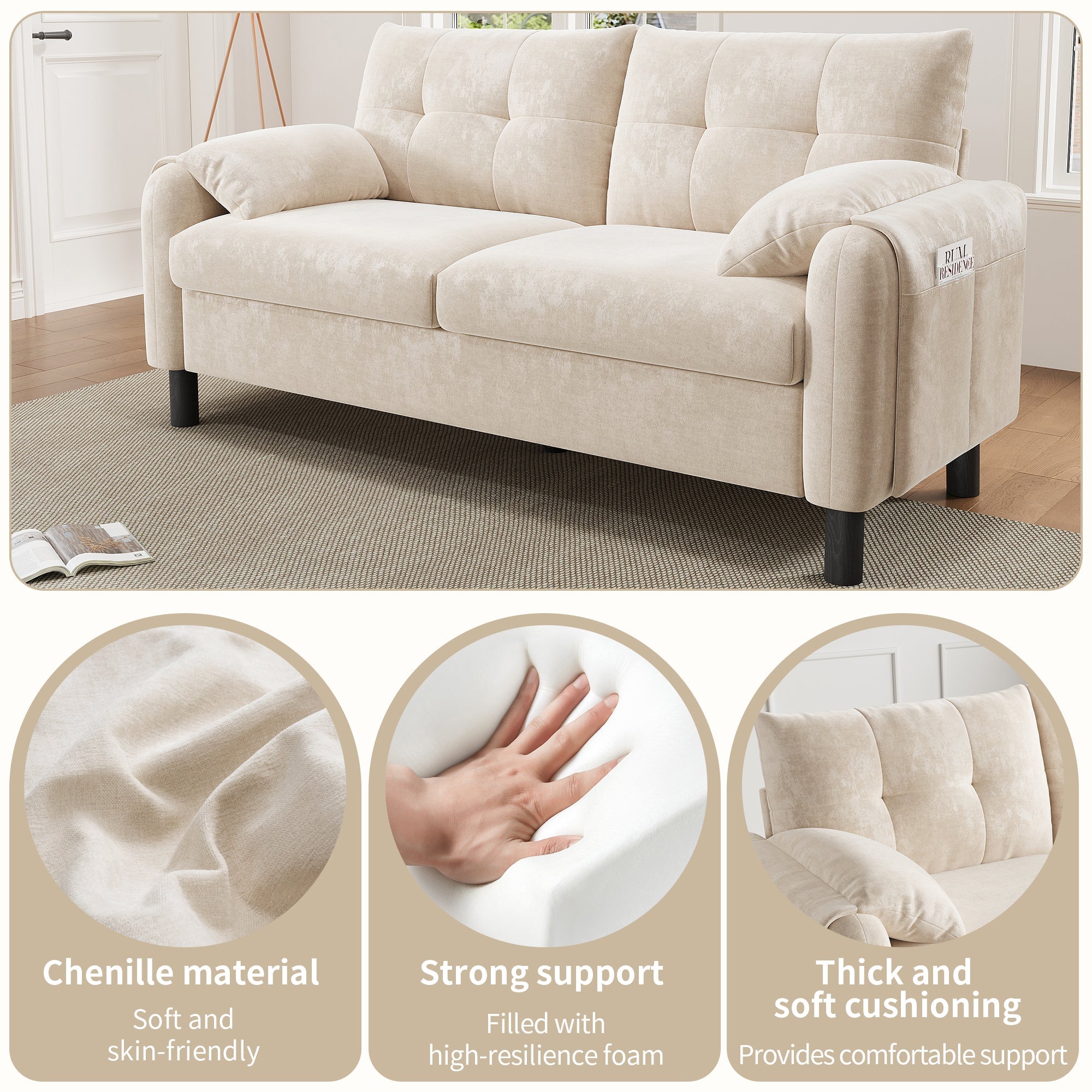 2-Seater Sofa, Comfortable Chenille Upholstered, Beige