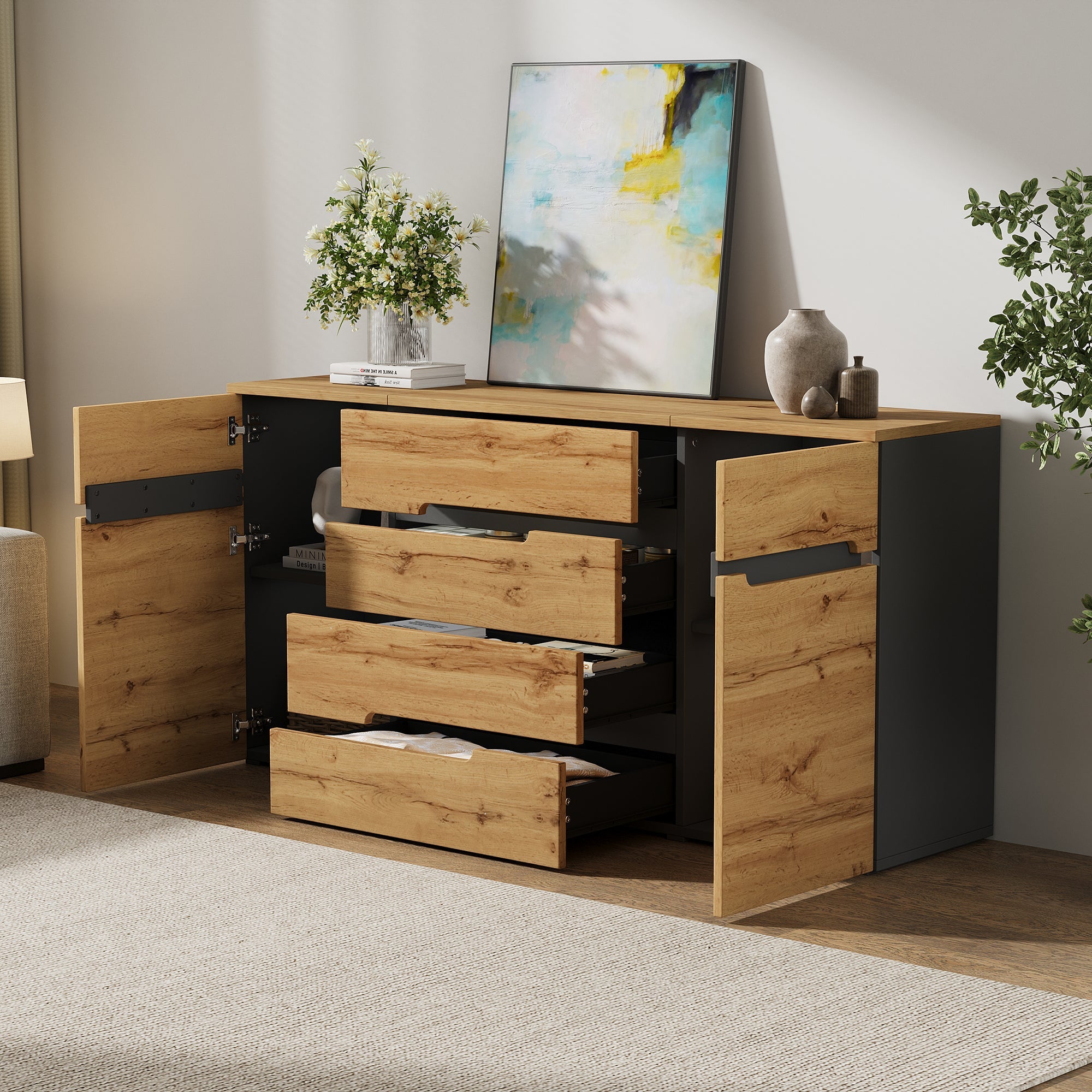 Sideboard Cabinet with 2 Doors, 4 Drawers, Handleless, Wood Color + Black