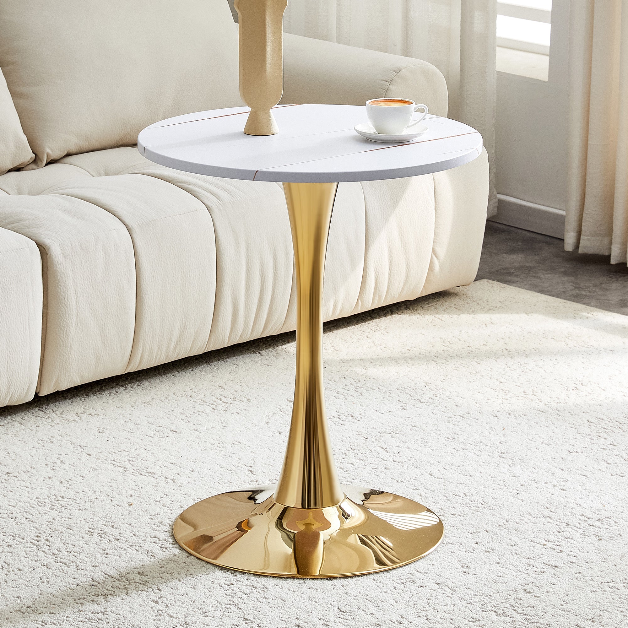 Round 60cm Side/Dining Table MDF Golden Leg White Grain