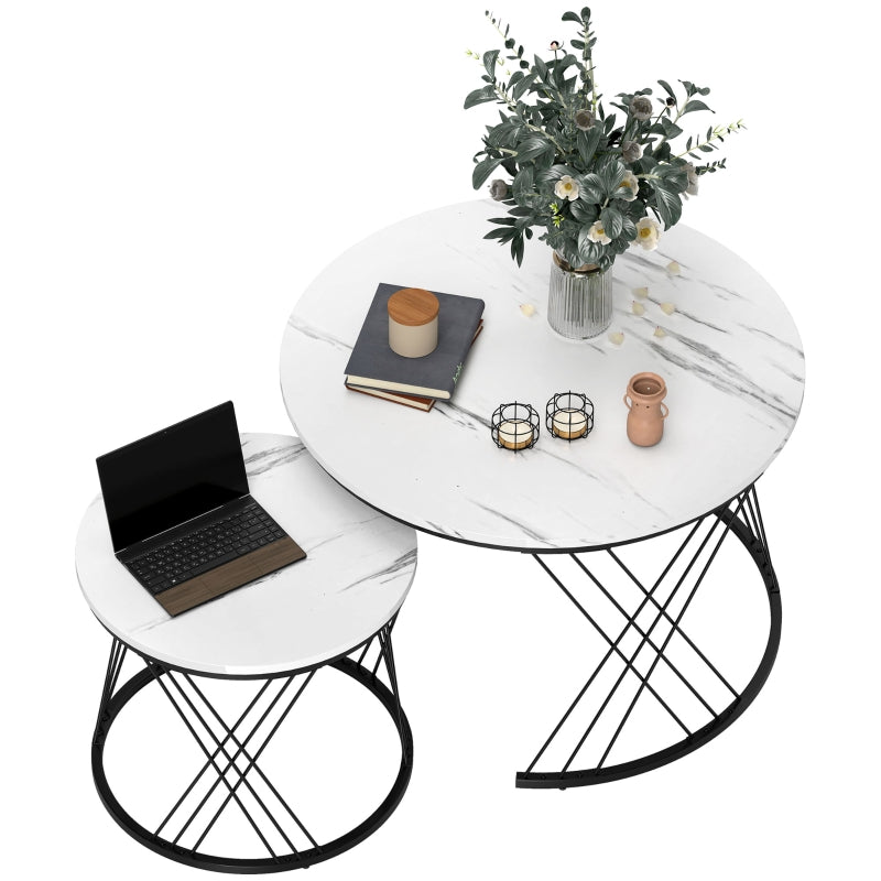 Coffee Tables Set of 2, Nestable Round Living Room, White Marble Look