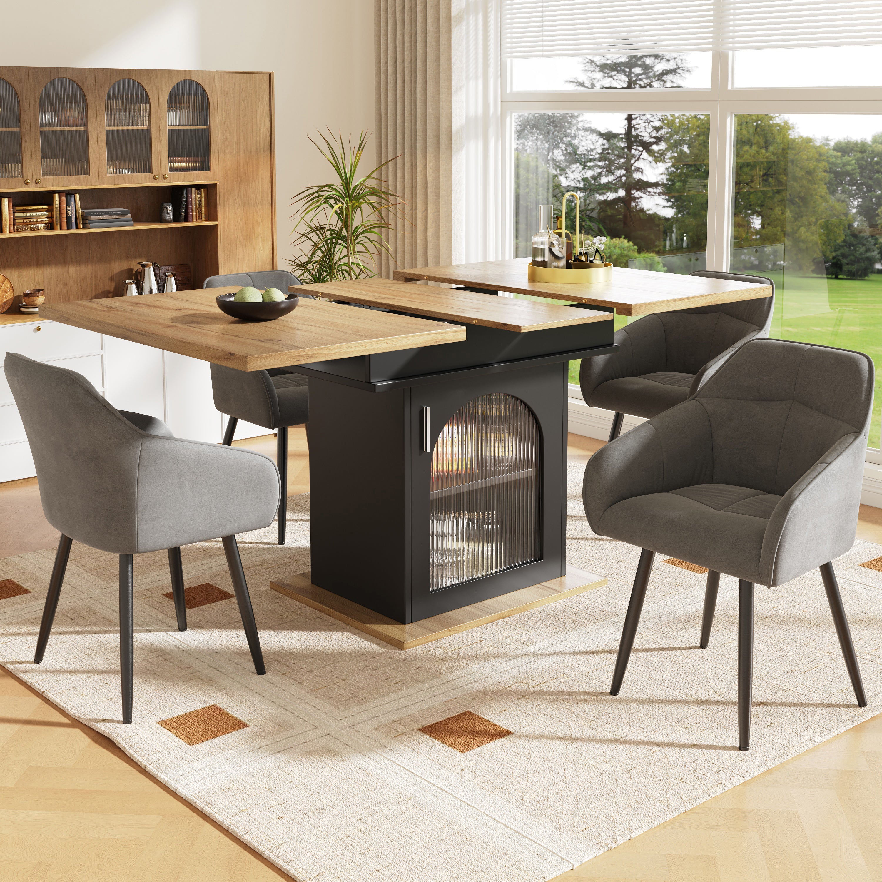 Telescopic Dining Table Extendable Space-Saving Storage Shelf natural + black