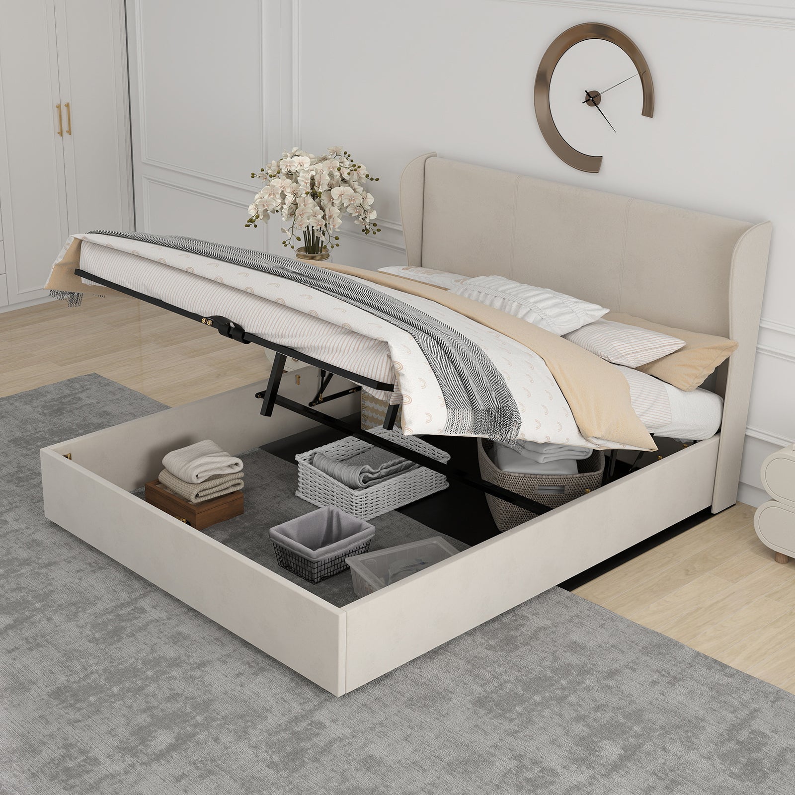 Upholstered Bed 160x200cm Gas Lift Storage Soft Headboard - Beige