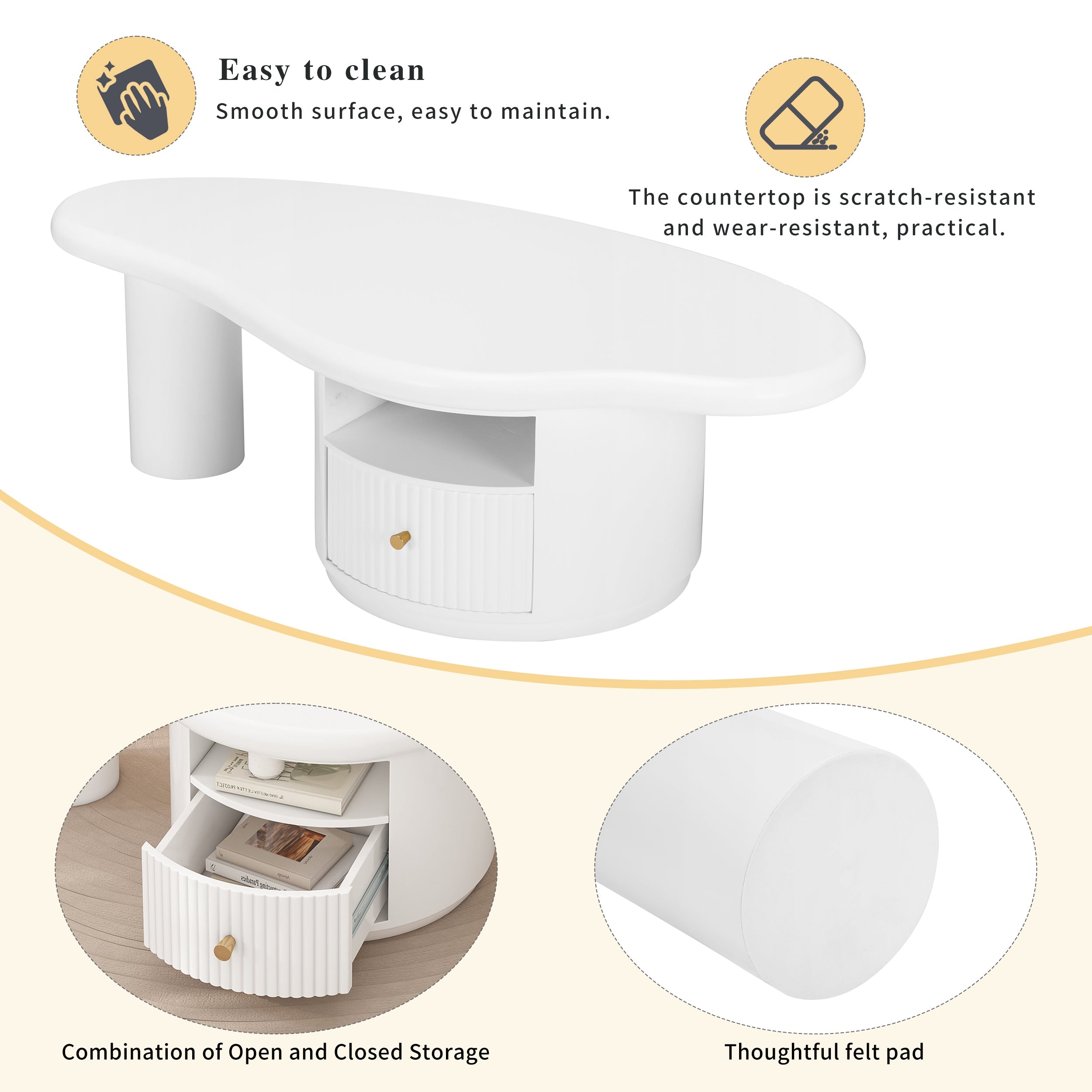 Cloud Coffee Table, Irregular Shape 110cm with Drawer, MDF