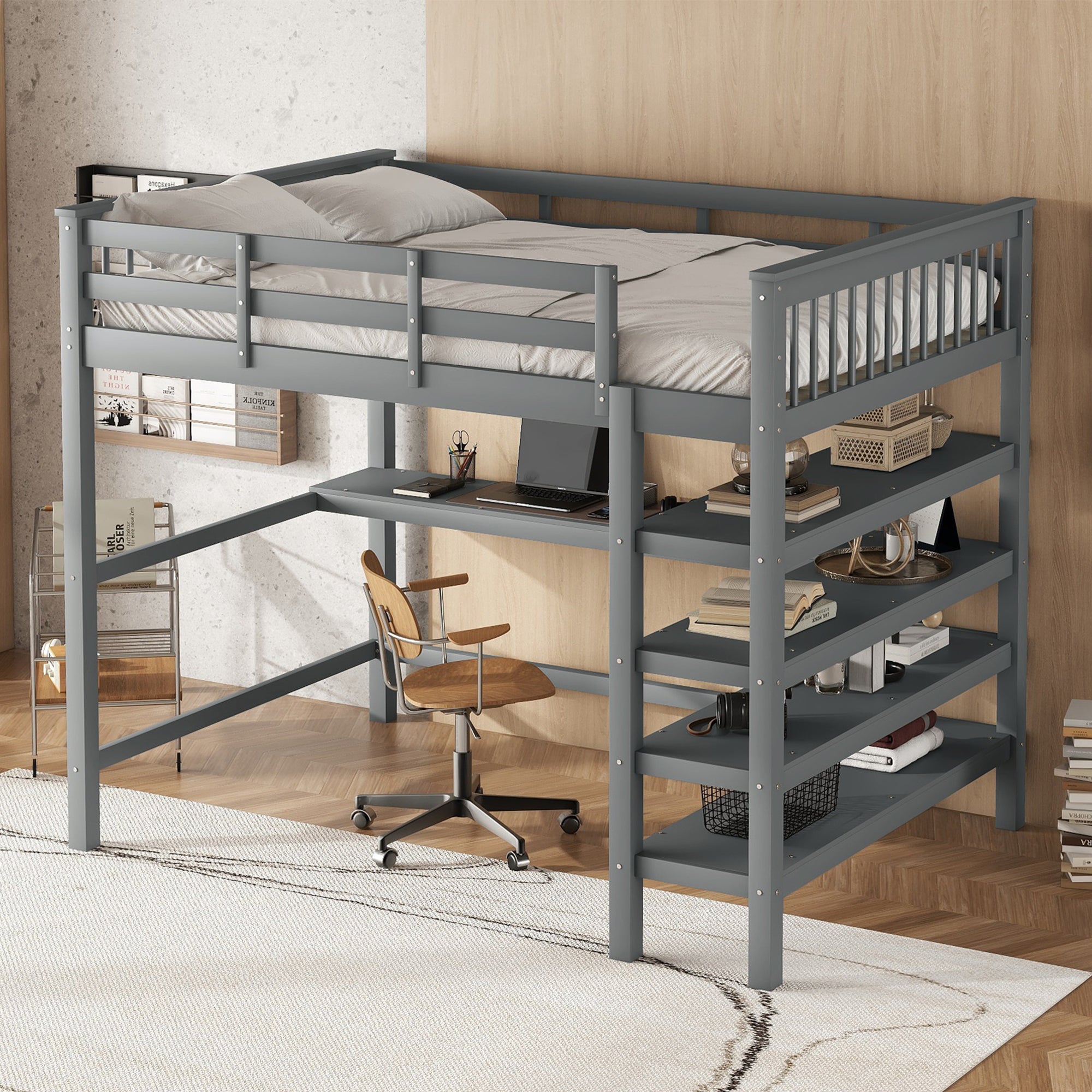 Loft Bed 140x200cm Storage Compartments Desk - Grey
