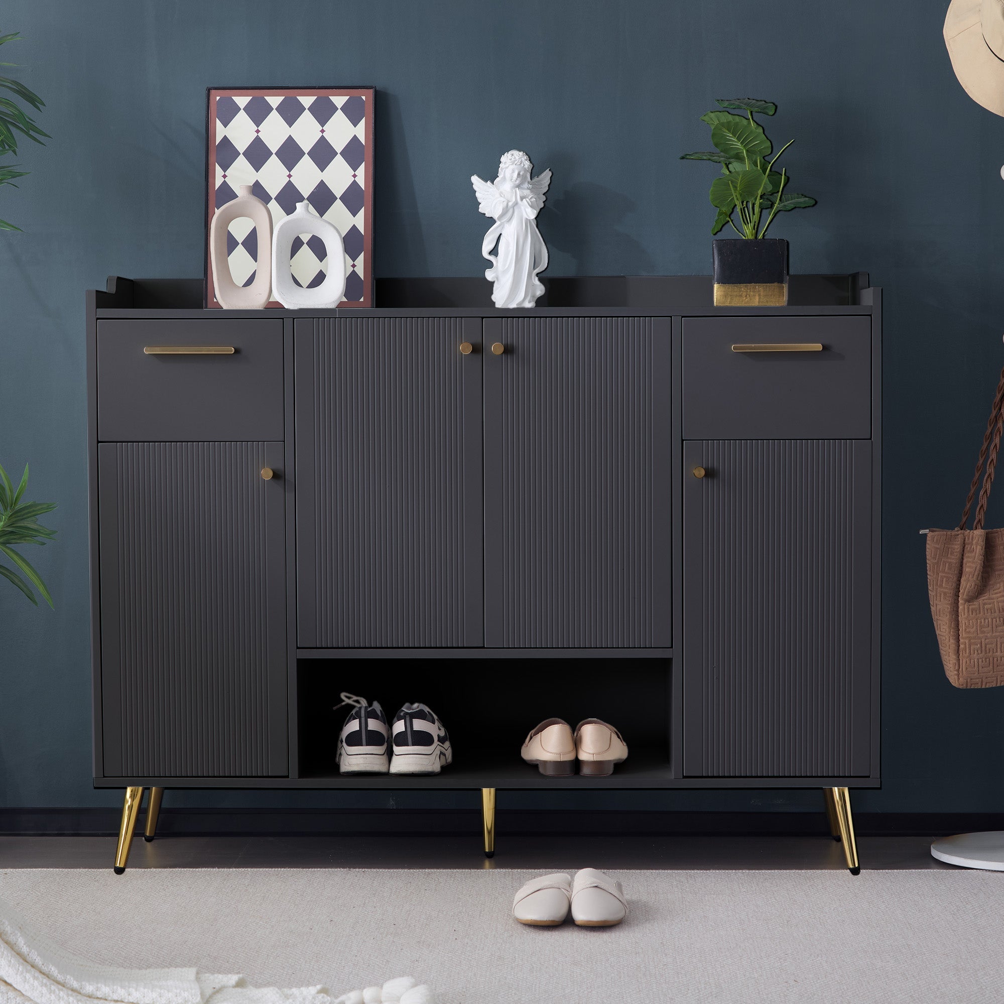 Shoe Cabinet, Shoe Rack with 2 Drawers and 4 Doors, Metal Feet, Black