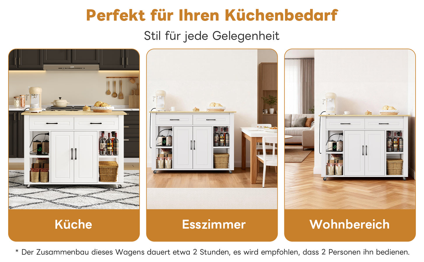 Mobile Kitchen Island with Power Outlets and Extendable Bar Counter, Wood Look
