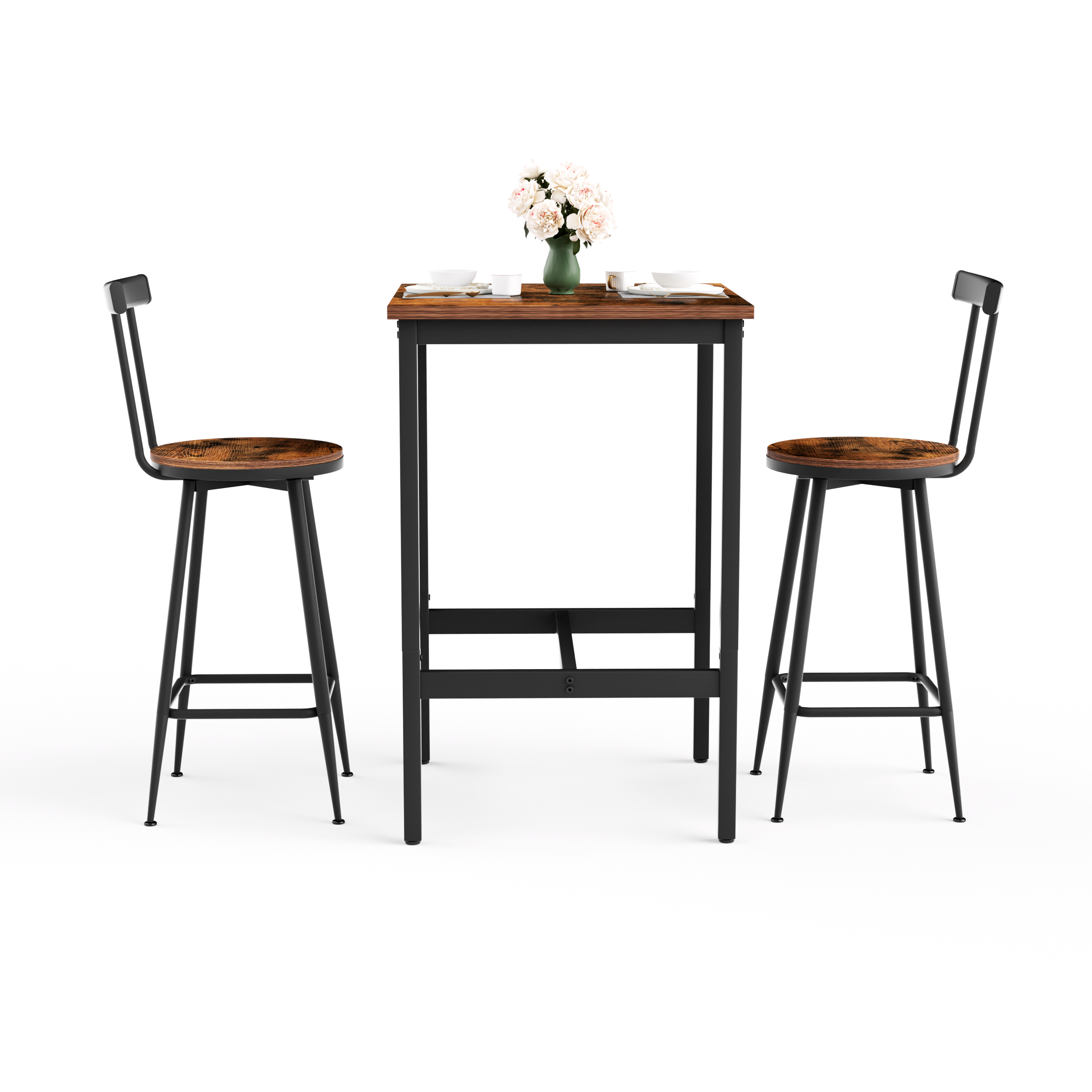 Industrial Bar Table and Stool Set with 2 Chairs and Metal Frame, Rustic Brown