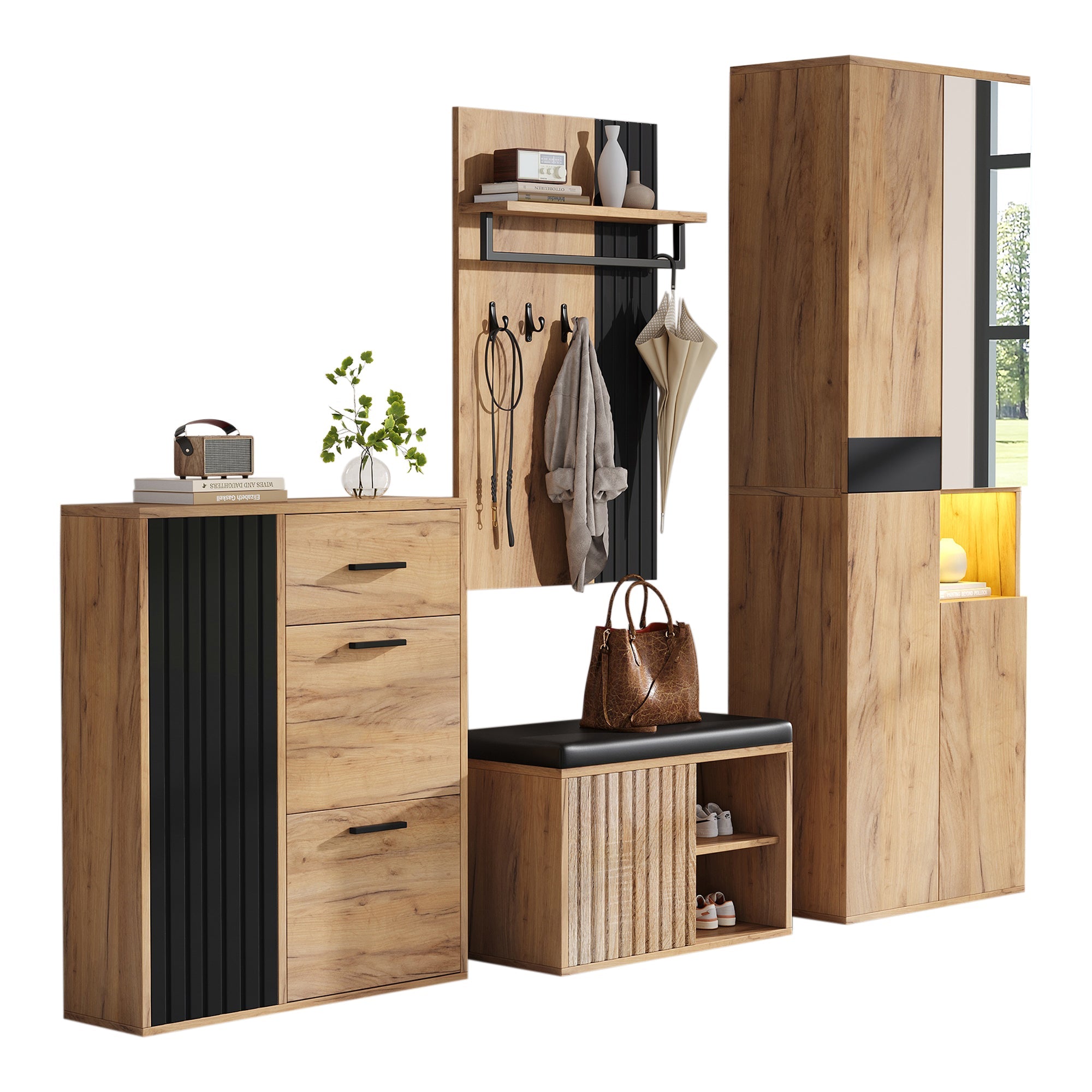 Wardrobe Set 4-Piece Wall-Mounted Coat Rack Shoe Cabinet Shoe Bench, Natural Wood/Black