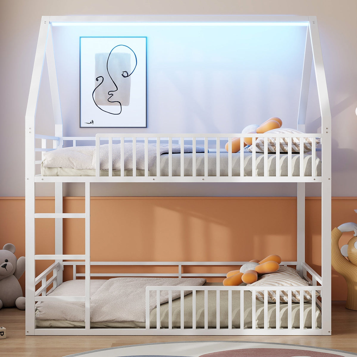 House-Shaped Bunk Bed with Fence and LED Light, 140x200cm, White