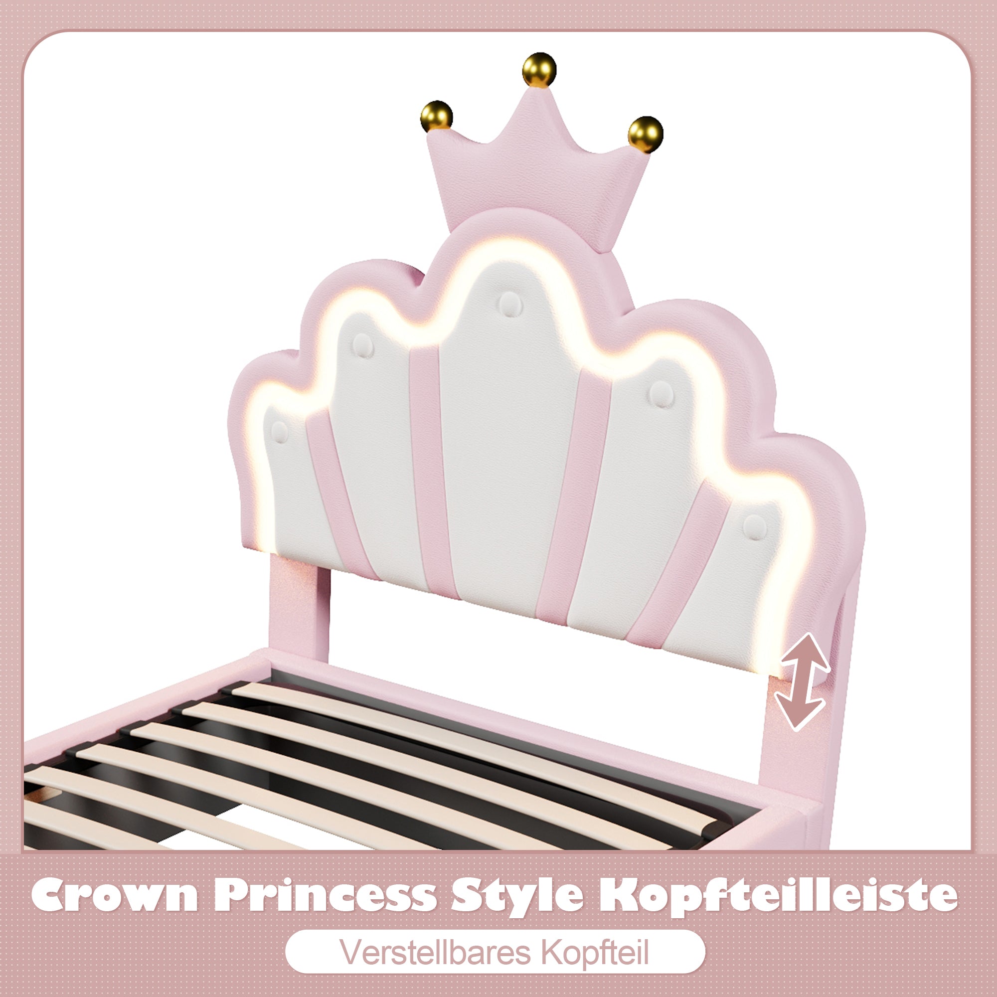 Upholstered Bed 90x200cm Hydraulic Storage LED Crown Shape Adjustable Headboard - PU Pink