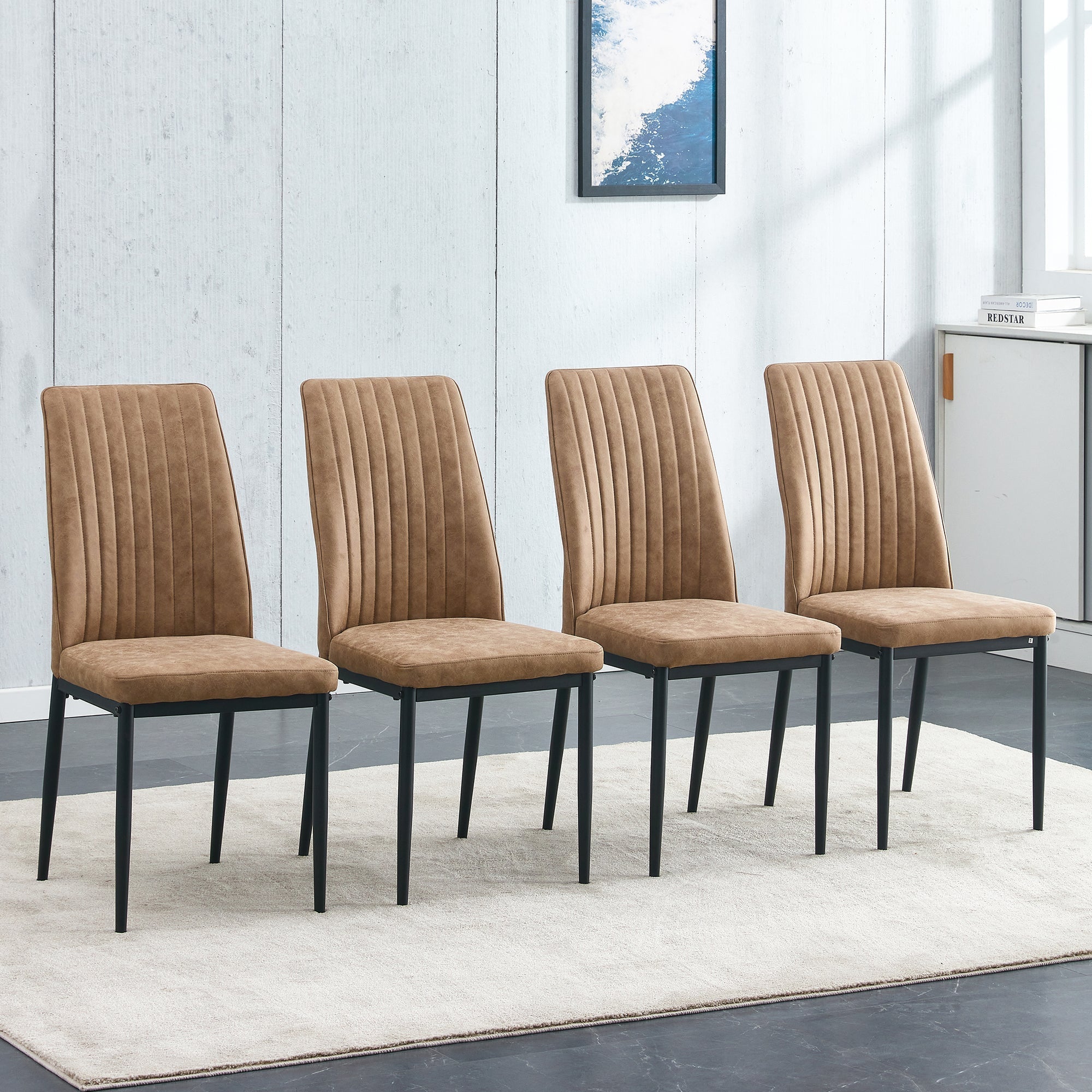 4-Piece Dining Chair Set Vertical Pattern Black Metal Legs - Brown Technology Cloth
