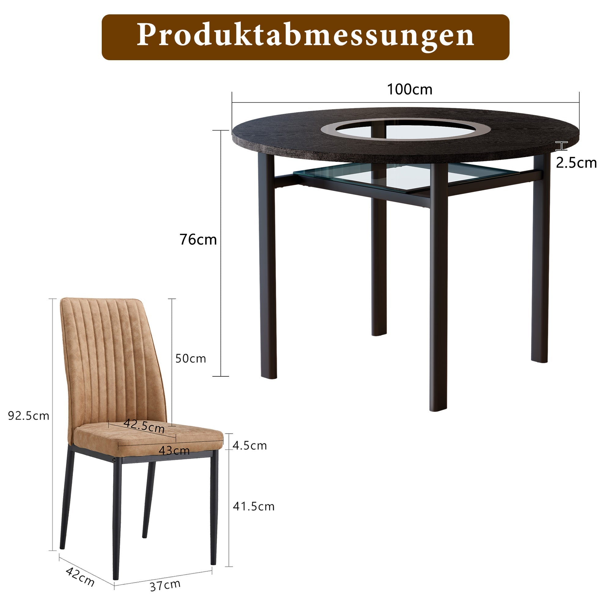 Dining Set Round 100cm Table Storage 4 Chairs - Black Wood Look/Brown Fabric