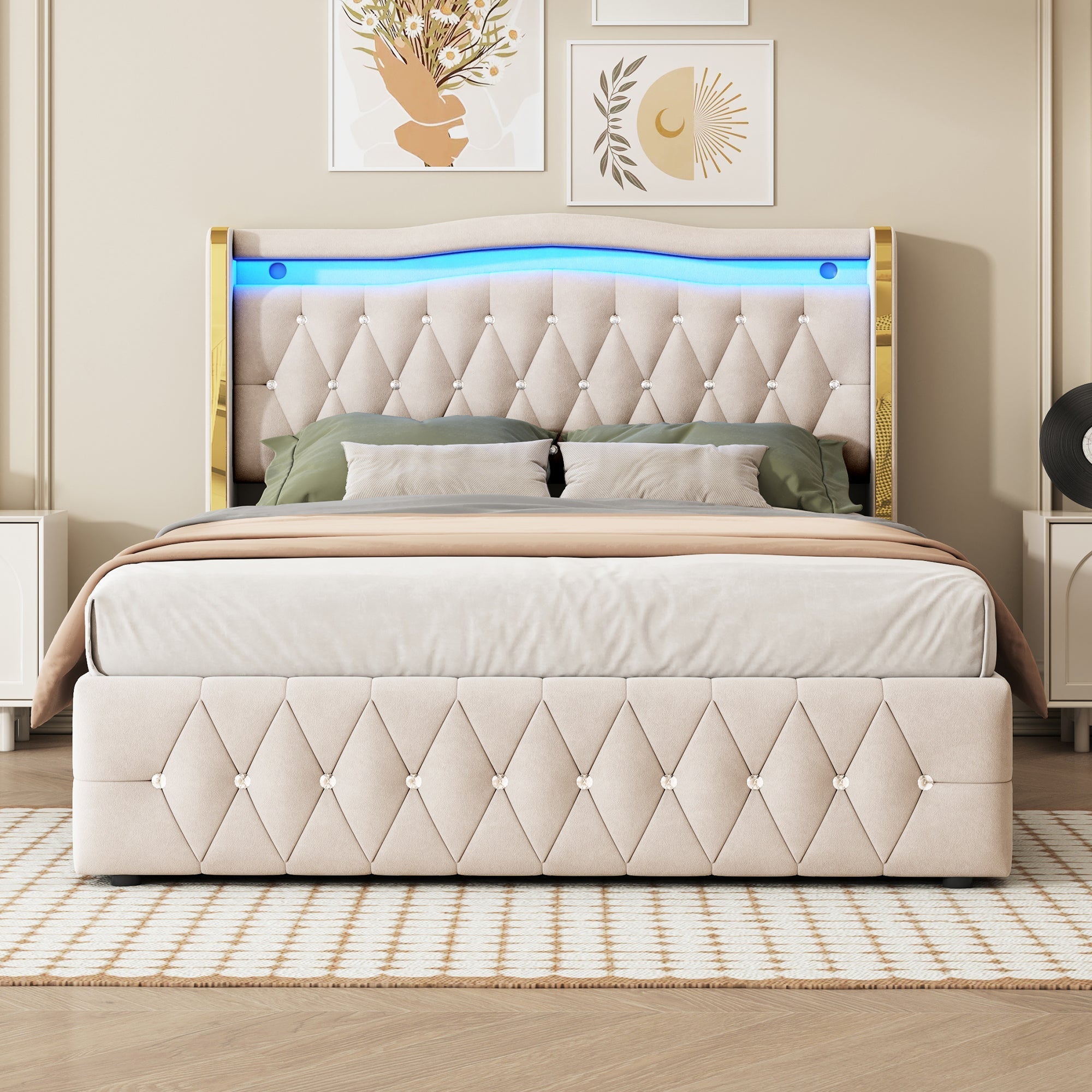 Upholstered Bed, 140x200cm, LED, Hydraulic Storage, Velvet Fabric, Beige