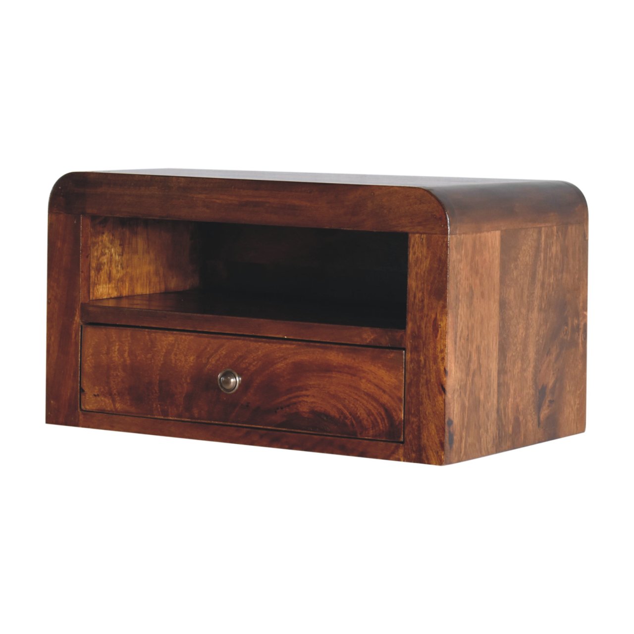 Solid Wood Nightstand, Chunky Wall Mounted 1 Drawer 1 Open-Shelf, Chestnut Brown