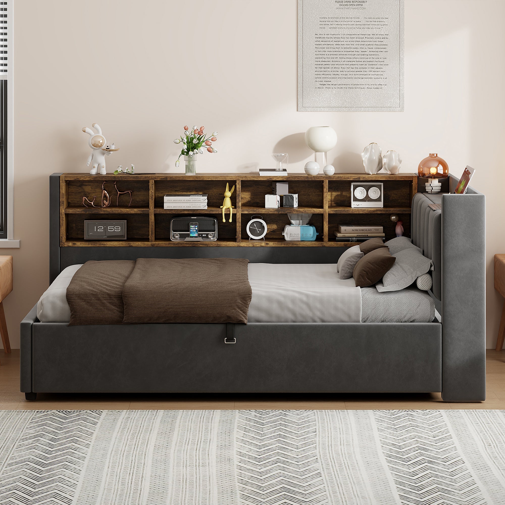 Upholstered Bed/Sofa Bed 90x200cm Multifunctional Hydraulic Storage USB/Type-C Night Light - Dark Grey Velvet