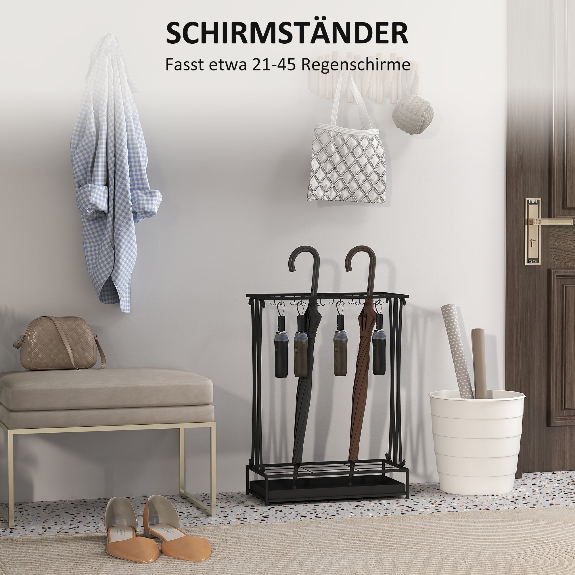 Umbrella Stand, Rectangular Holder with 24 Hooks/Removable Water Tray, Steel Black