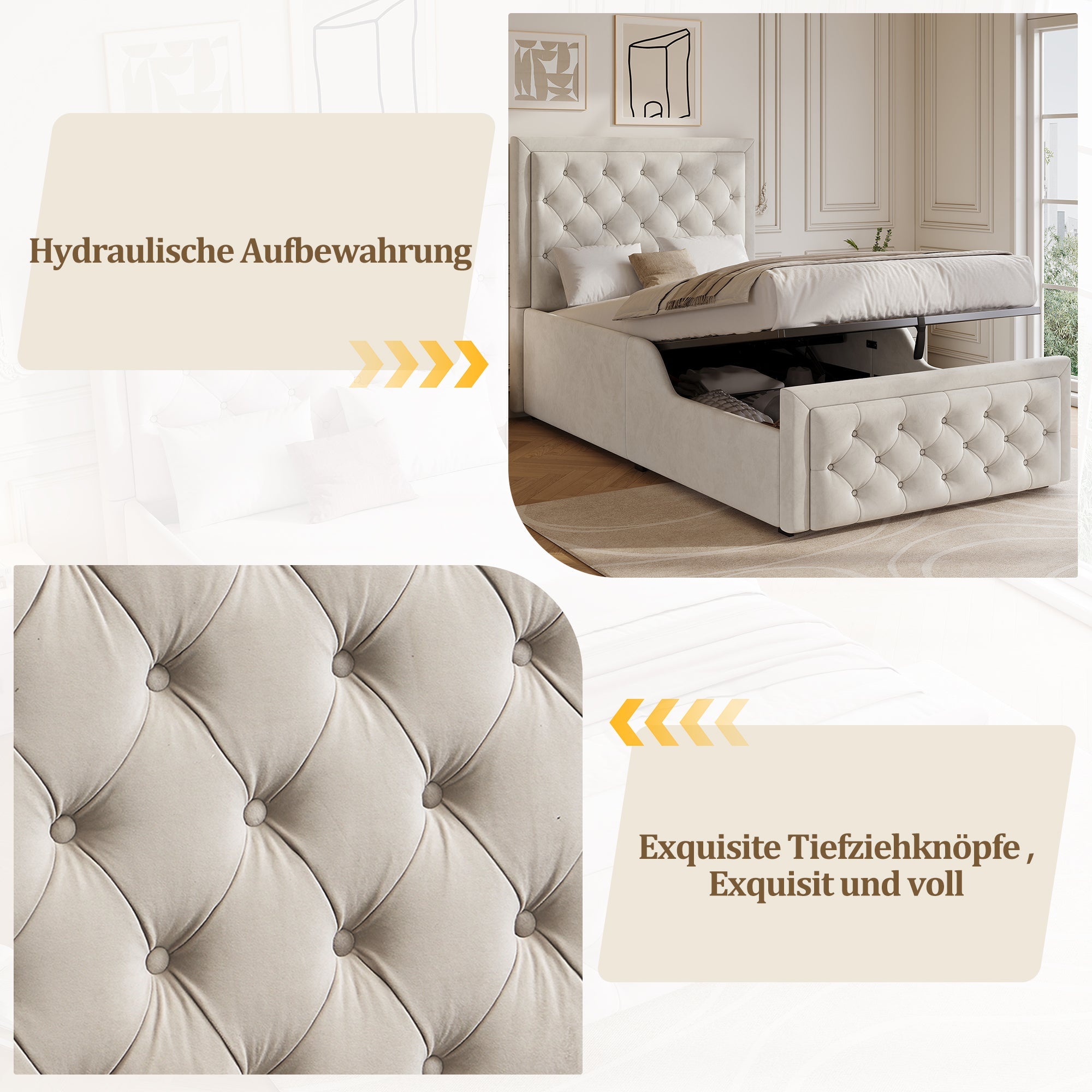 Upholstered Single Bed with Hydraulic Storage and Slatted Base, 90x200cm, Beige Velvet