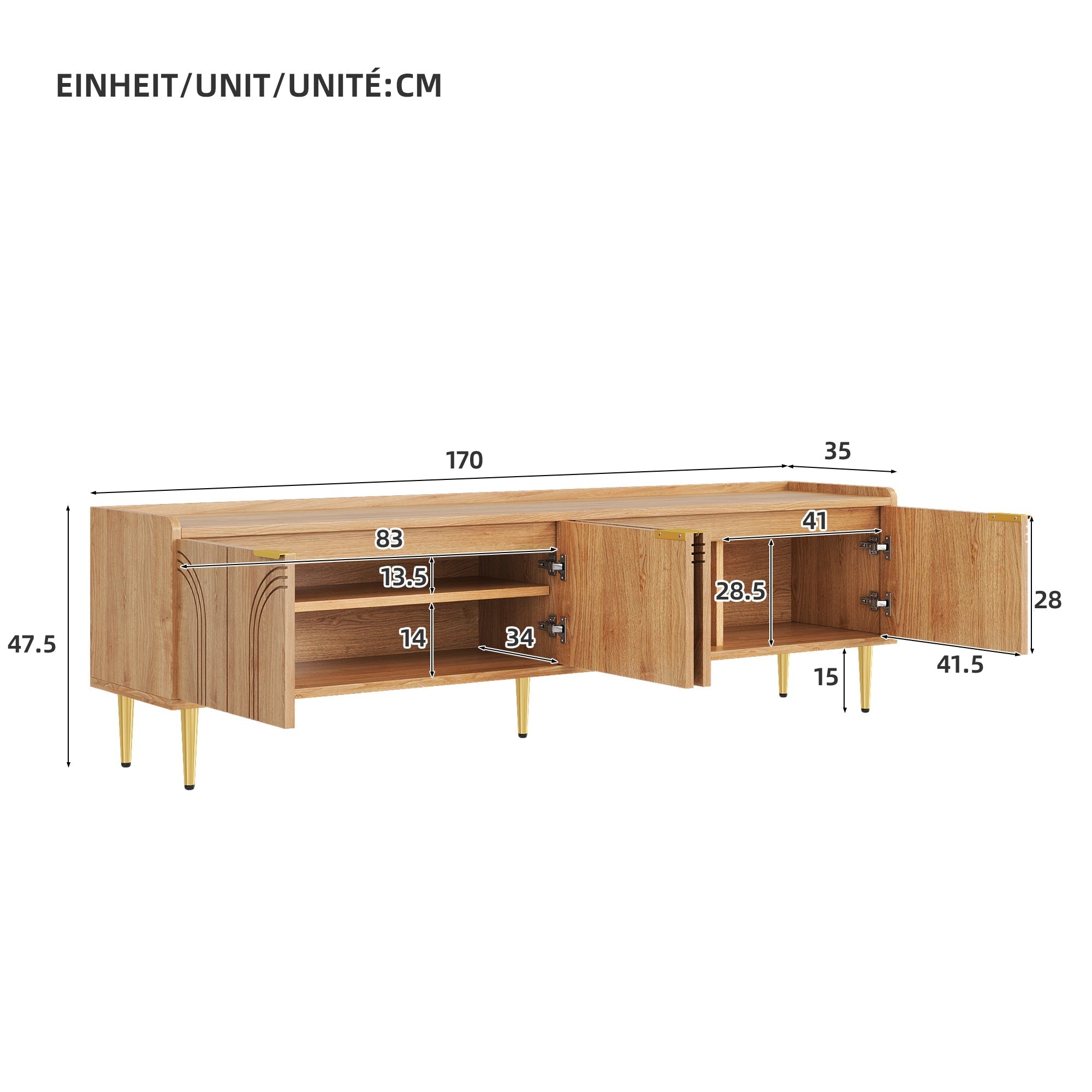 TV Cabinet Lowboard, Textured Door Gold Handles and Feet, 170cm MDF