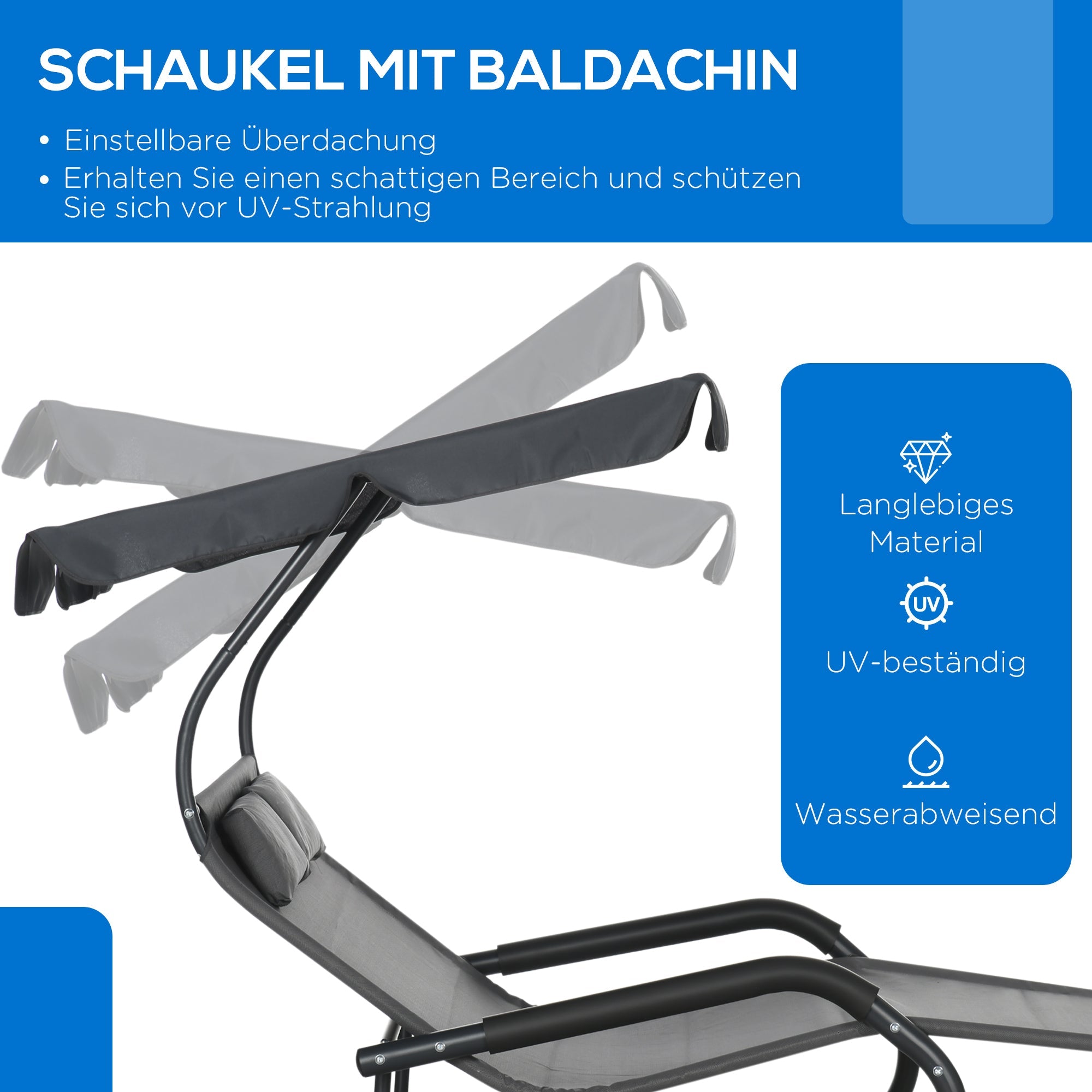Double Sun Lounger/Rocking Bench with Sunshade, Wheels, 220kg Capacity, for 2 People, Dark Grey
