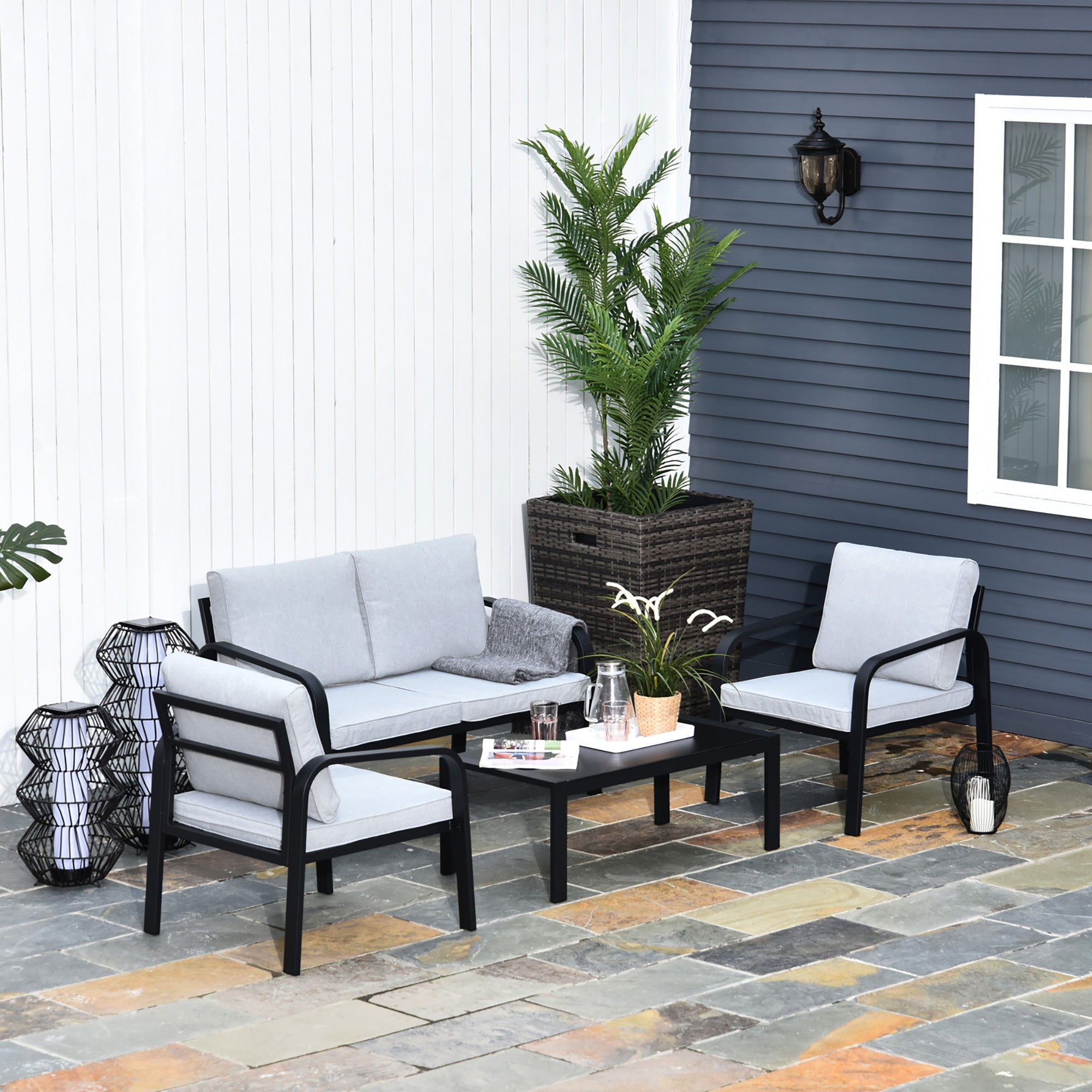 4pcs Garden Sofa Set 2 Armchairs 1 Bench 1 Coffee Table Aluminum Frame Black