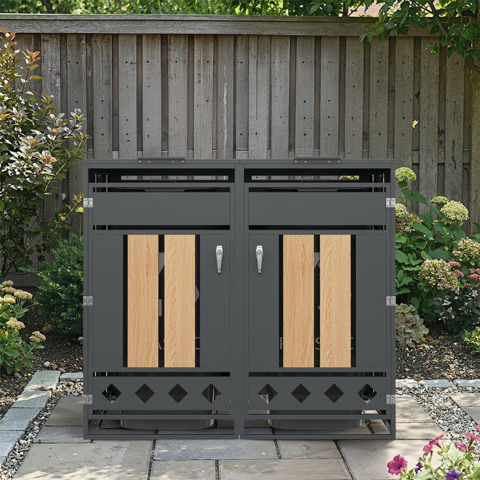 Bin Storage Box with Hinged Lid and Lockable Two Doors, Vertical Wood Grain