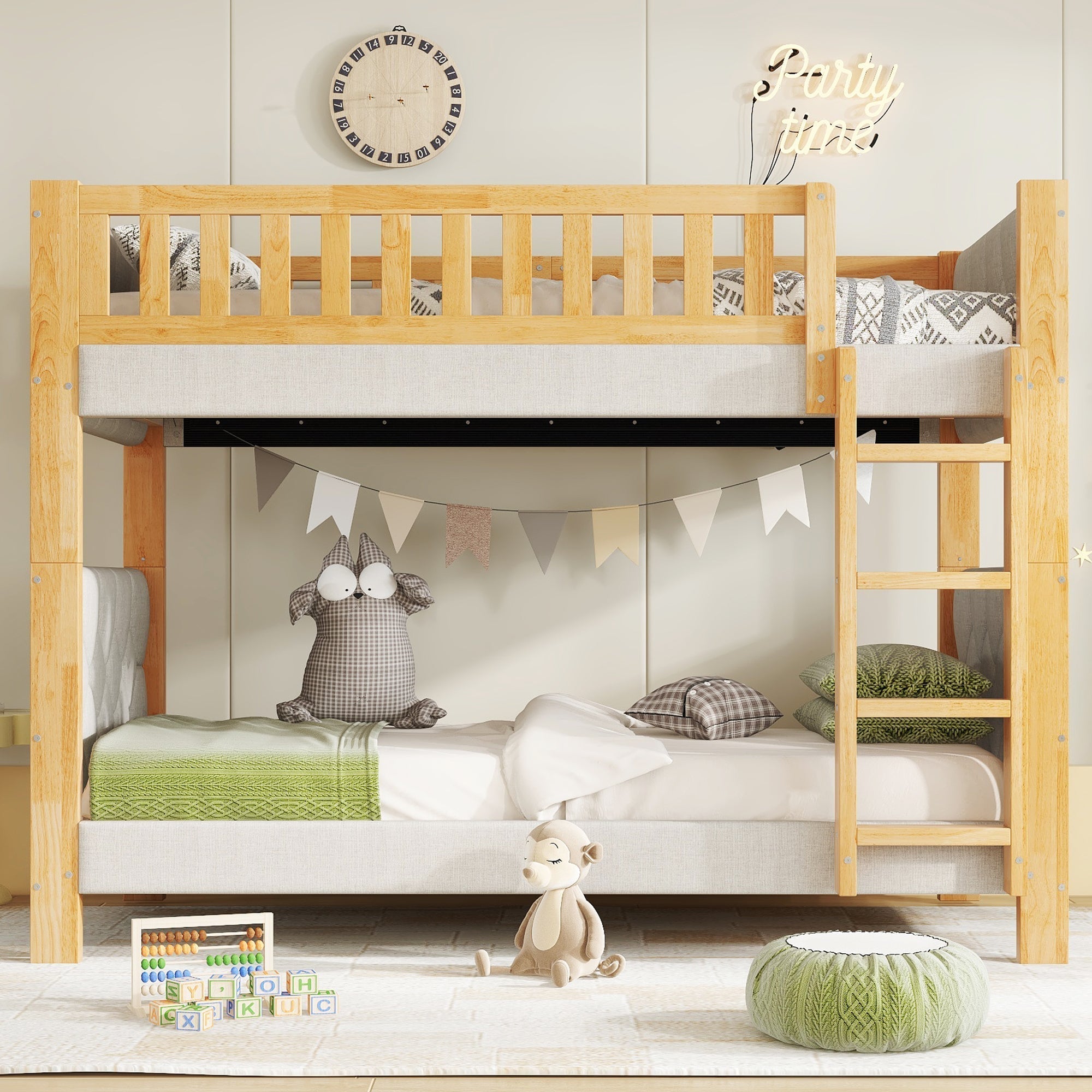 Bunk Bed with Anti-Collision Sponge Edge and Straight Staircase, 90x200cm, Grey and Natural Rubberwood + MDF