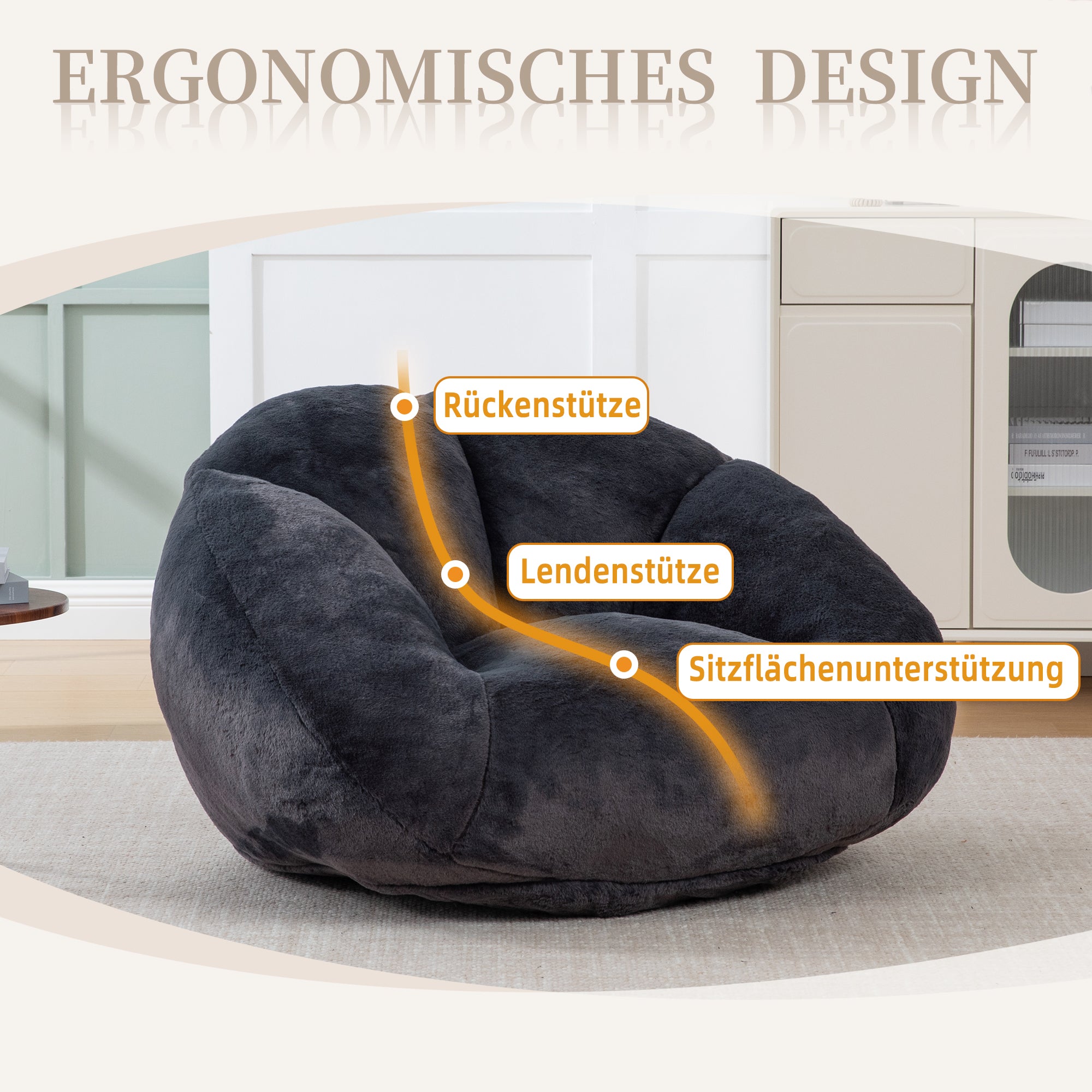 Soft Plush Beanbag Sofa with Non-Slip Base and Memory Foam, Faux Rabbit Fur
