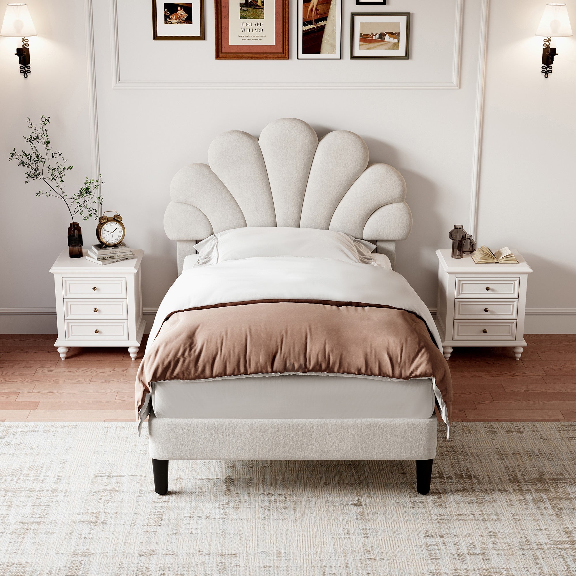 3ft Single Upholstered Velvet Bed Frame with Adjustable Chic Petal Headboard, Beige
