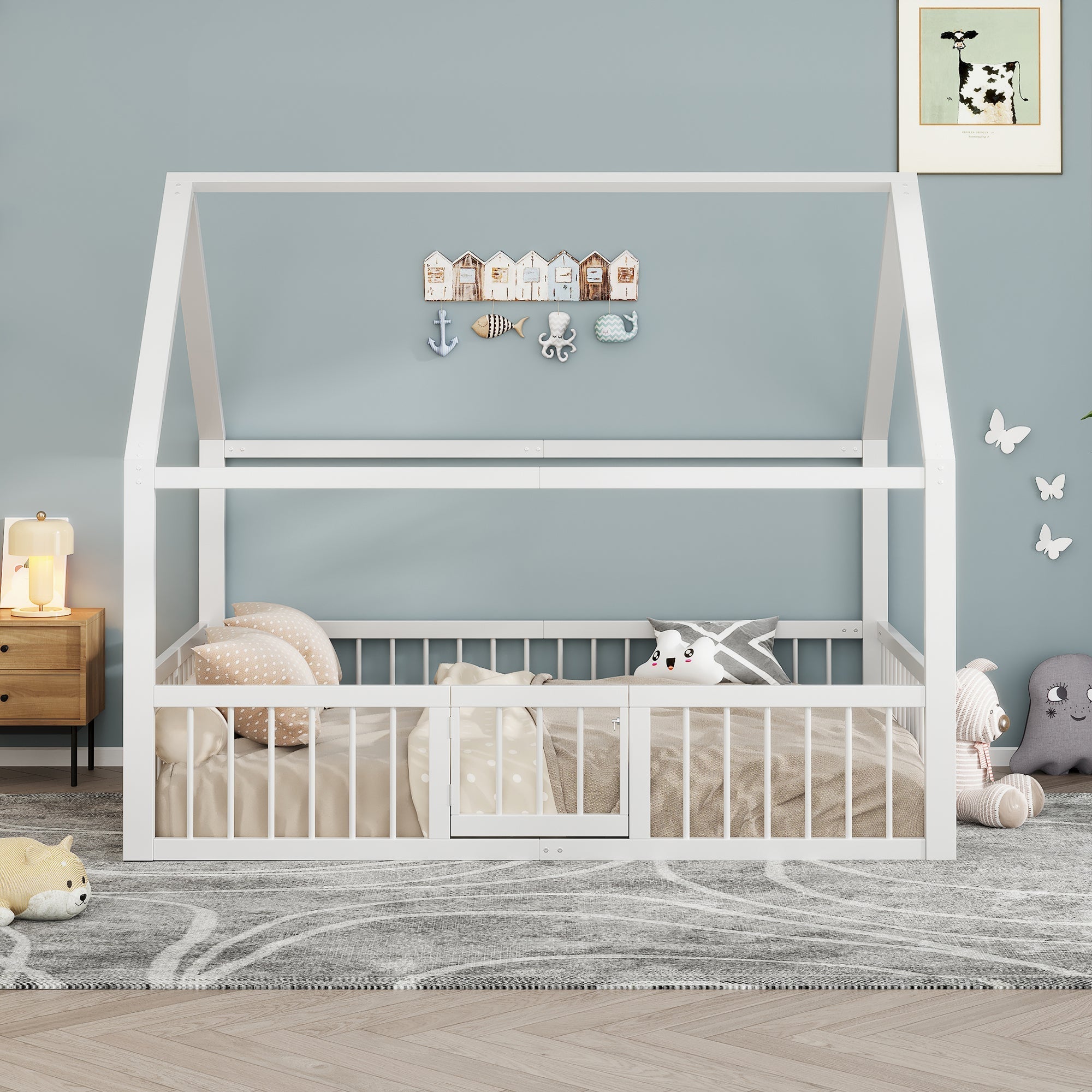 Children's Metal Bed 140x200cm House Design with Railing - White