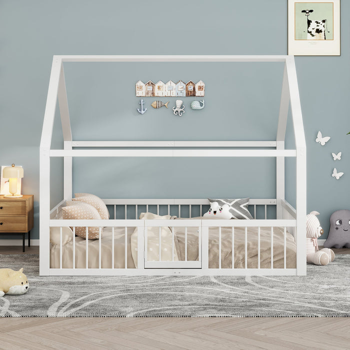 Children's Metal Bed 140x200cm House Design with Railing - White