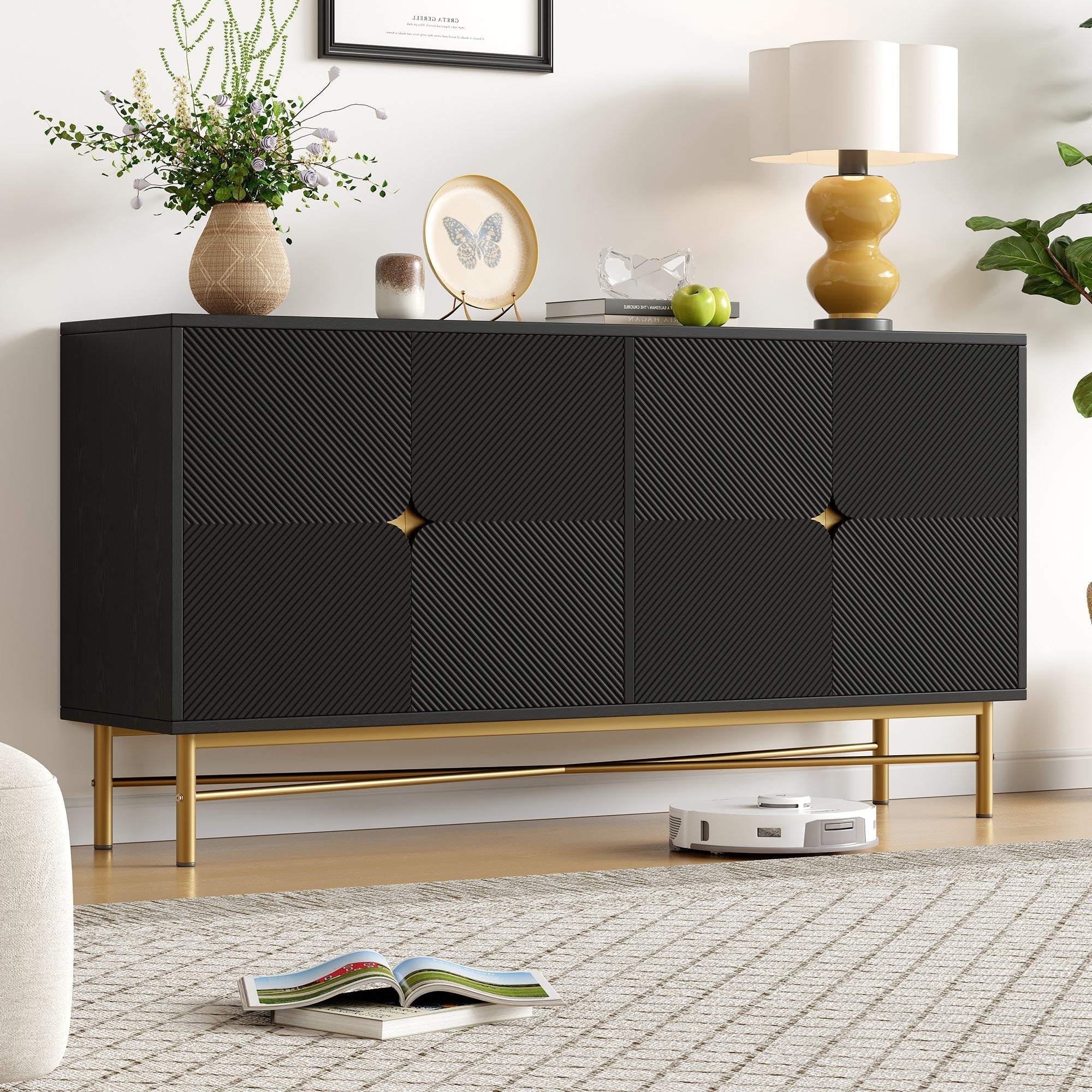 Sideboard Raised Texture 160cm, Cabinet Four Doors, Golden Brushed Handles and High-Gloss Table Legs, Black