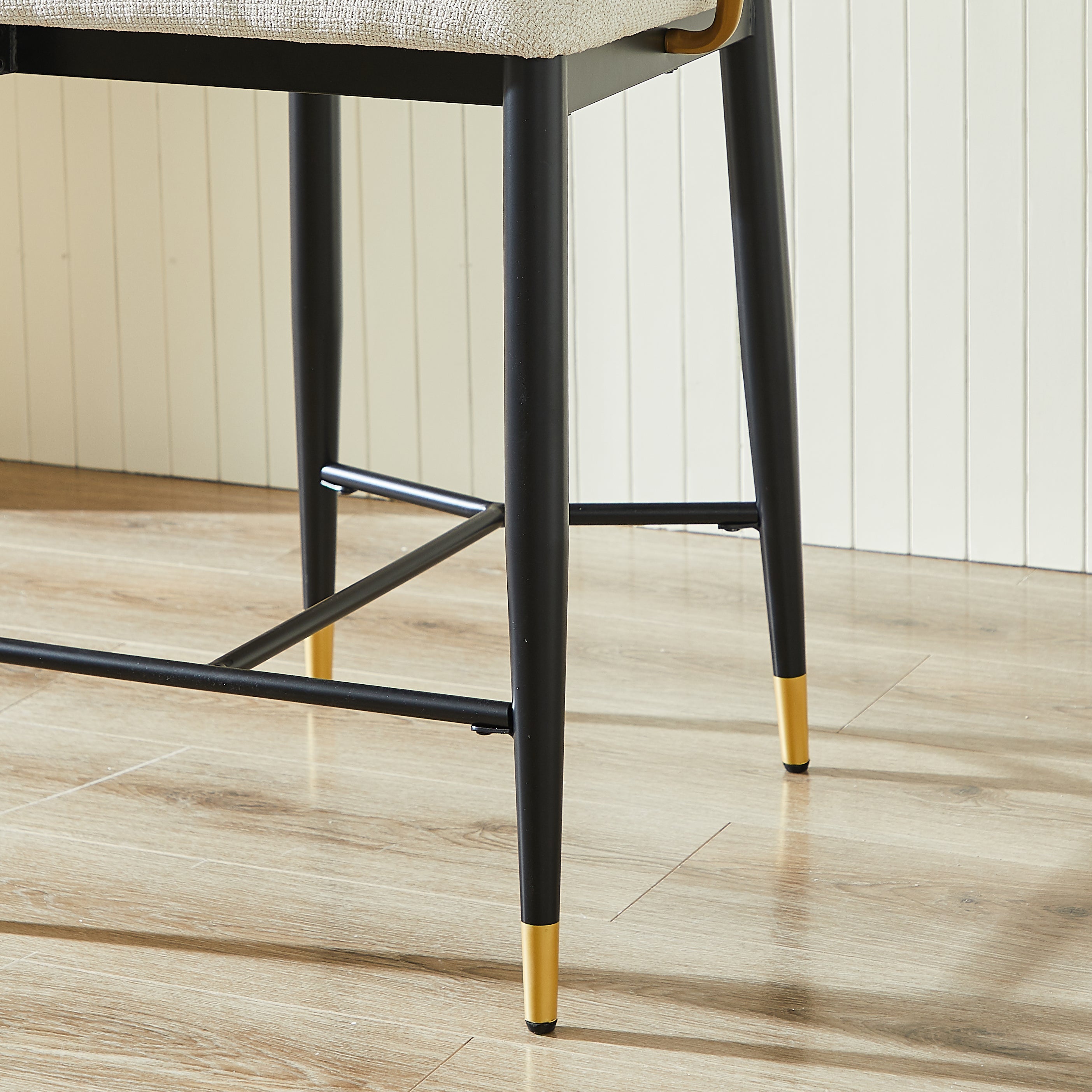 Height-adjustable Bar Stool Set of 2 with Backrest and Footrest, Beige Chenille