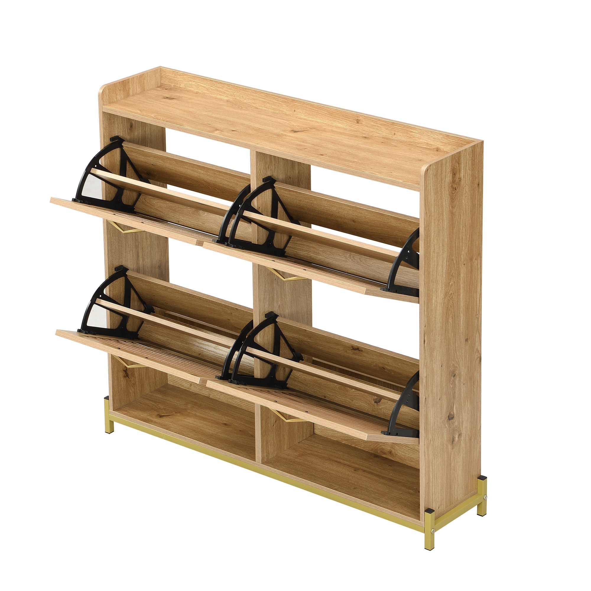 Shoe Cabinet Modern 4 Door Wooden Slat Metal Frame - 108.5x24x100cm