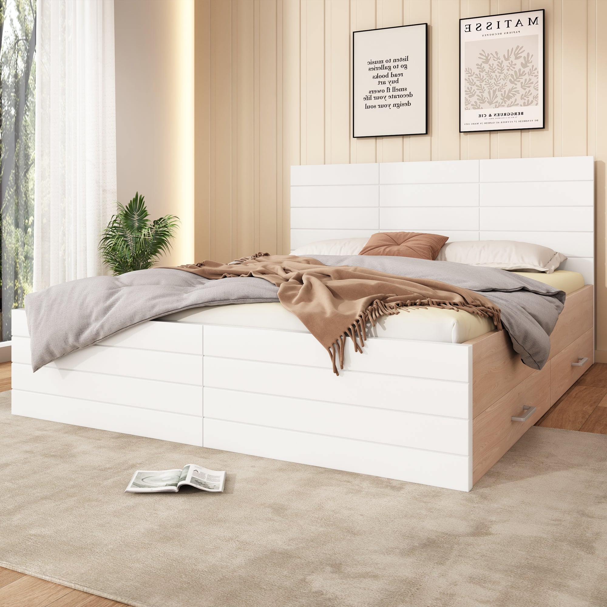 Double Wooden Bed, 180x200cm with 2 Drawers & Slatted Frame, Oak/White