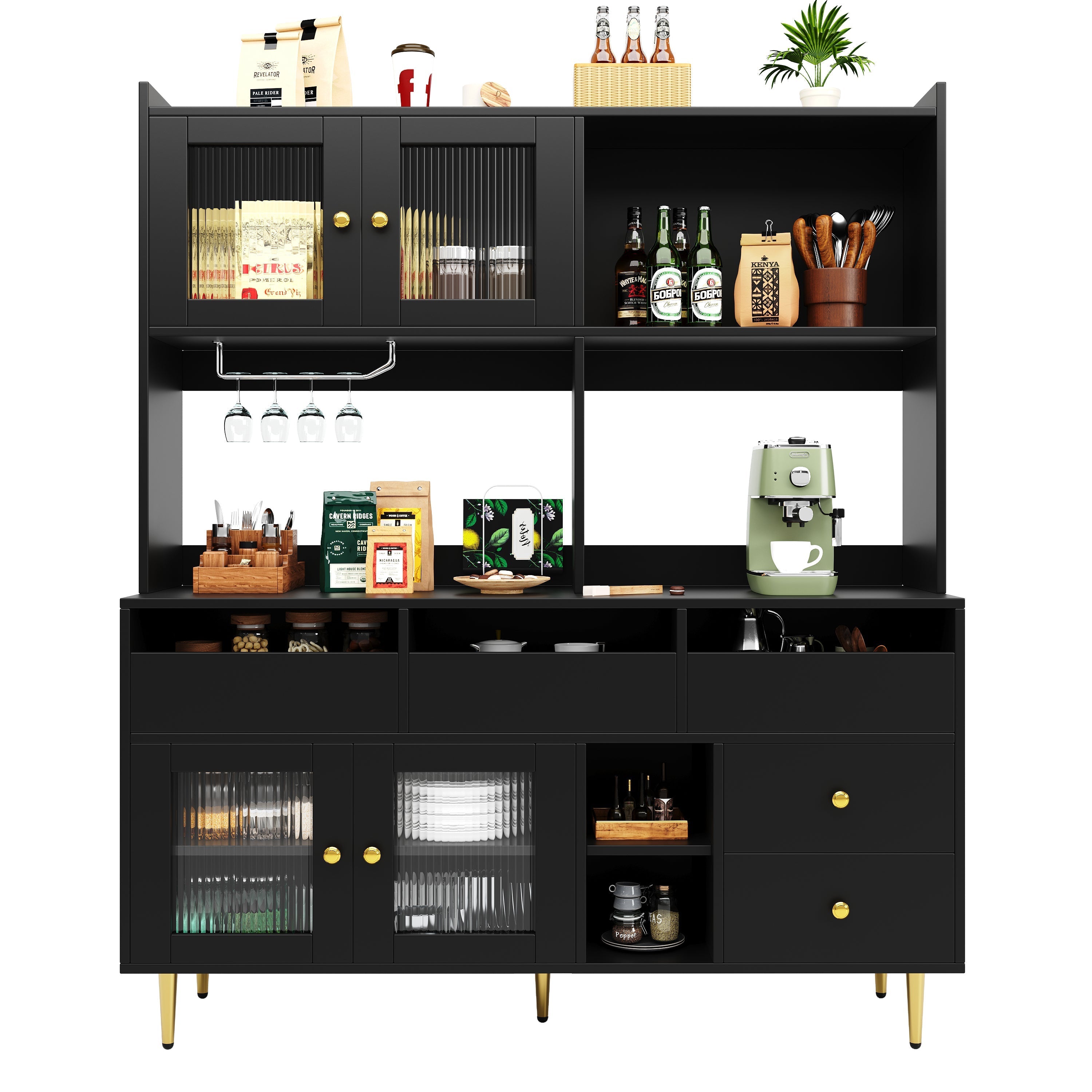 Dining Room Tall Cabinet, Changhong Glass Doors, Wine Glass Rack, Multi-Layer Storage, Black with Gold Decor