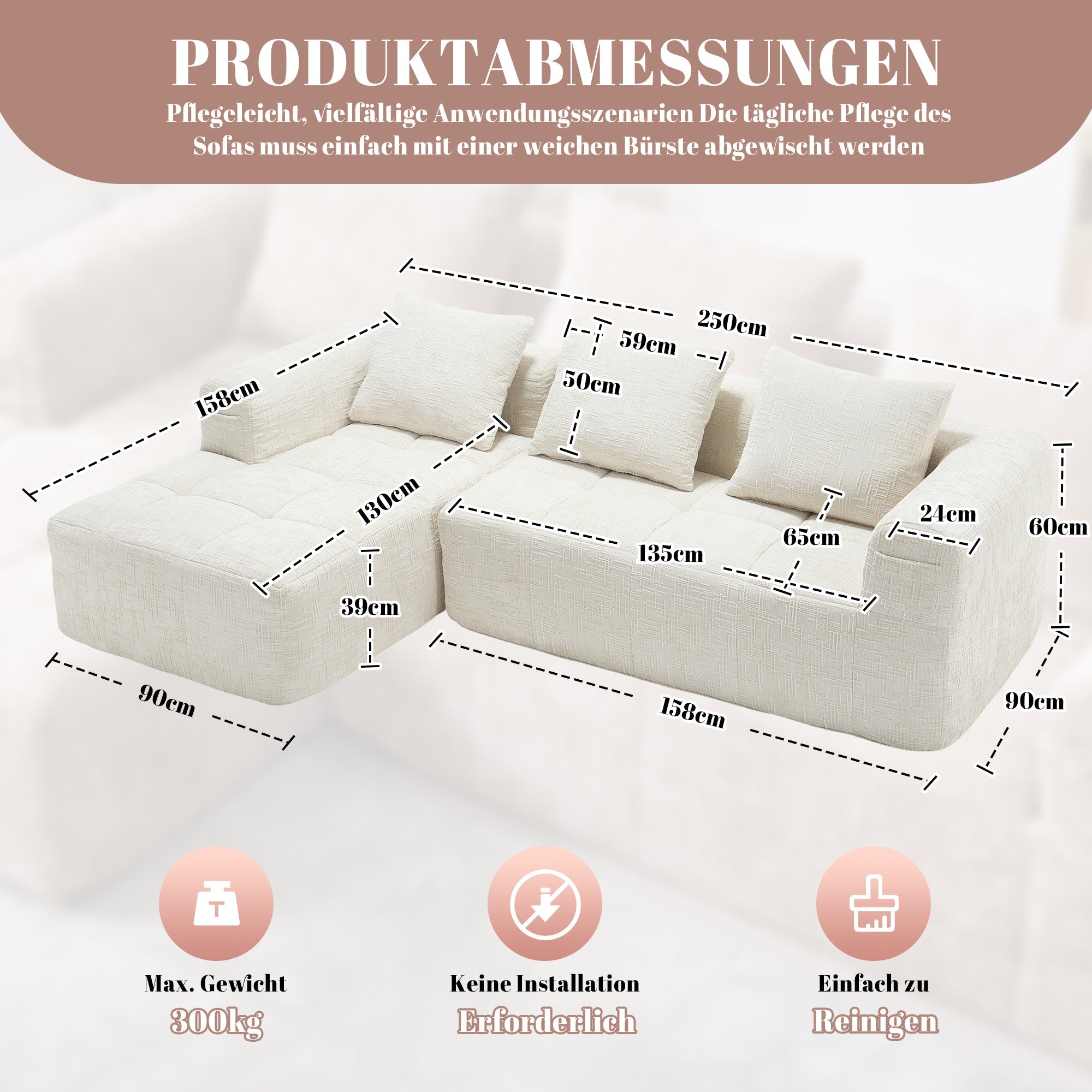 Modern Sectional Sofa, L-Shaped 3-Seater Chaise, No Assembly Chenille Beige