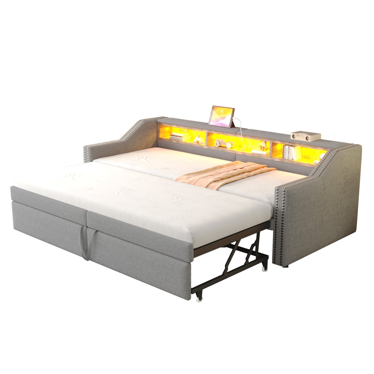 Upholstered Sofa Bed Extendable 90/180x200cm Storage LED USB - Light Grey