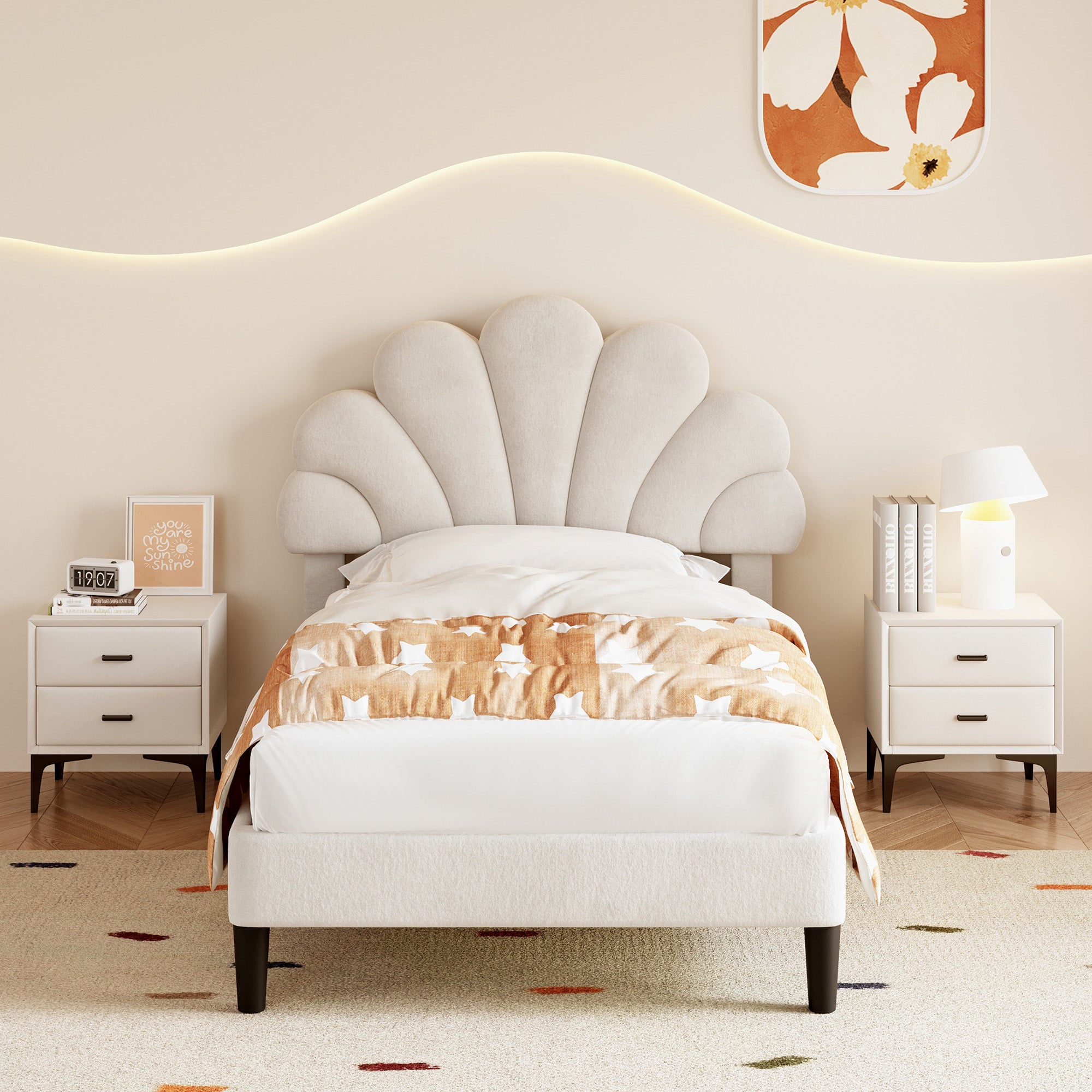 3ft Single Upholstered Velvet Bed Frame with Adjustable Chic Petal Headboard, Beige