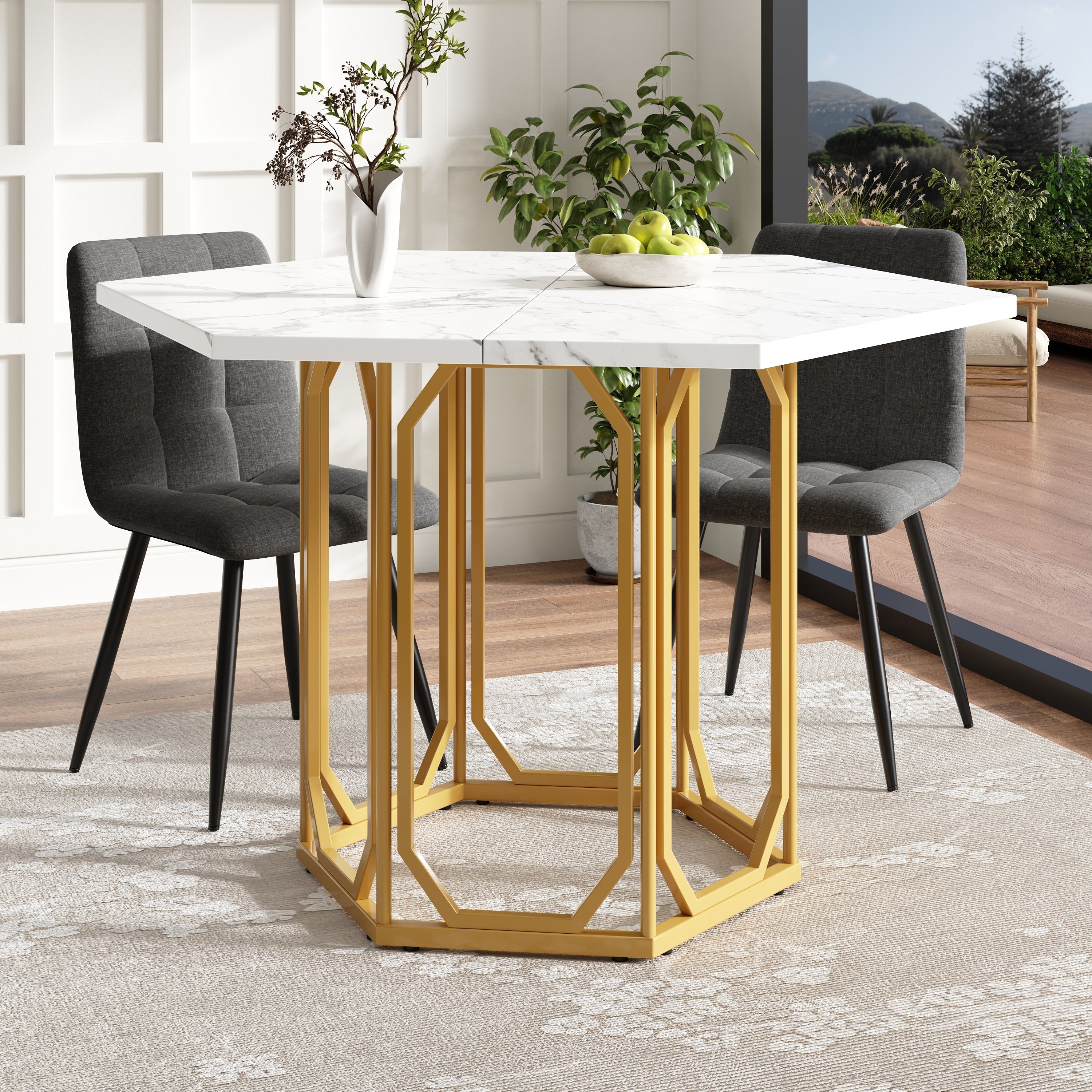 Dining Set 5-Piece Hexagonal Marble Top - Grey