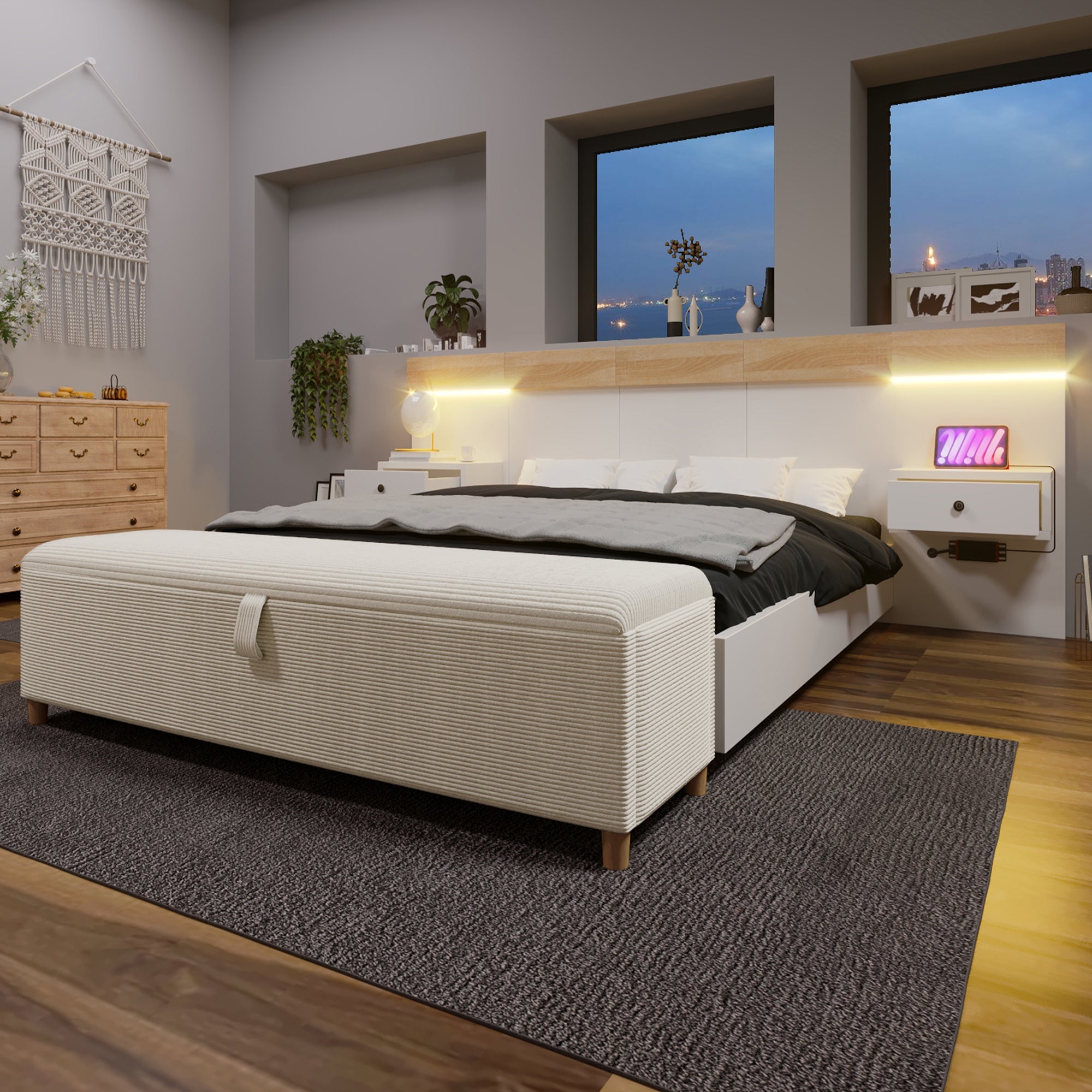 Double Bed Set 140x200cm, LED Bedside Tables, USB-C, Hydraulic Storage Bench, Sonoma Oak/White/Beige Corduroy