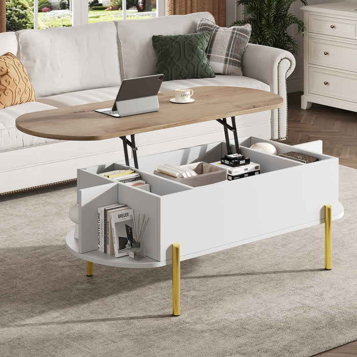 Coffee Table 120x50x43cm Height-Adjustable Hidden Storage 7 Shelves Wood/White