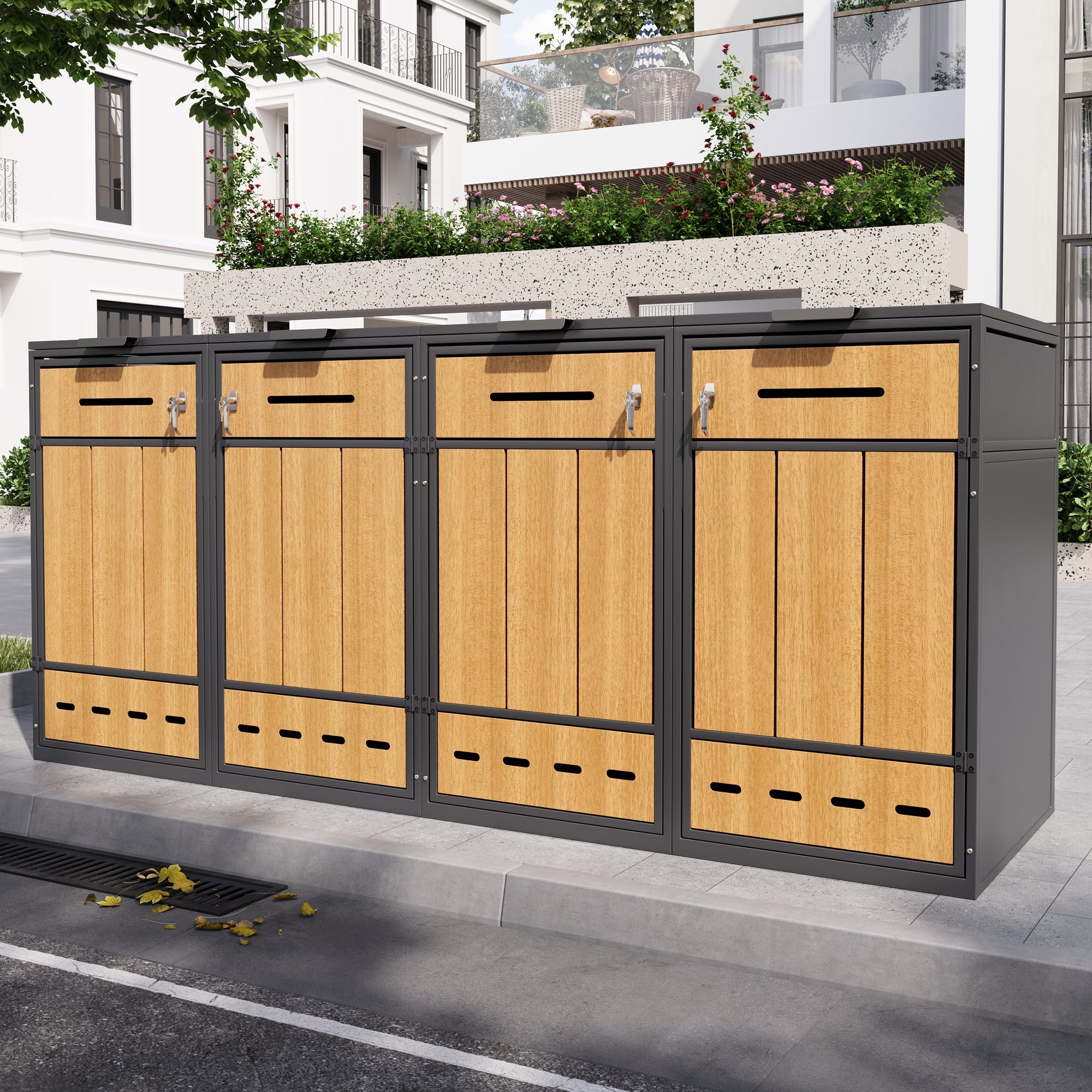 Bin Storage Unit for 4 Trash Cans, Lockable with Ventilation, Steel