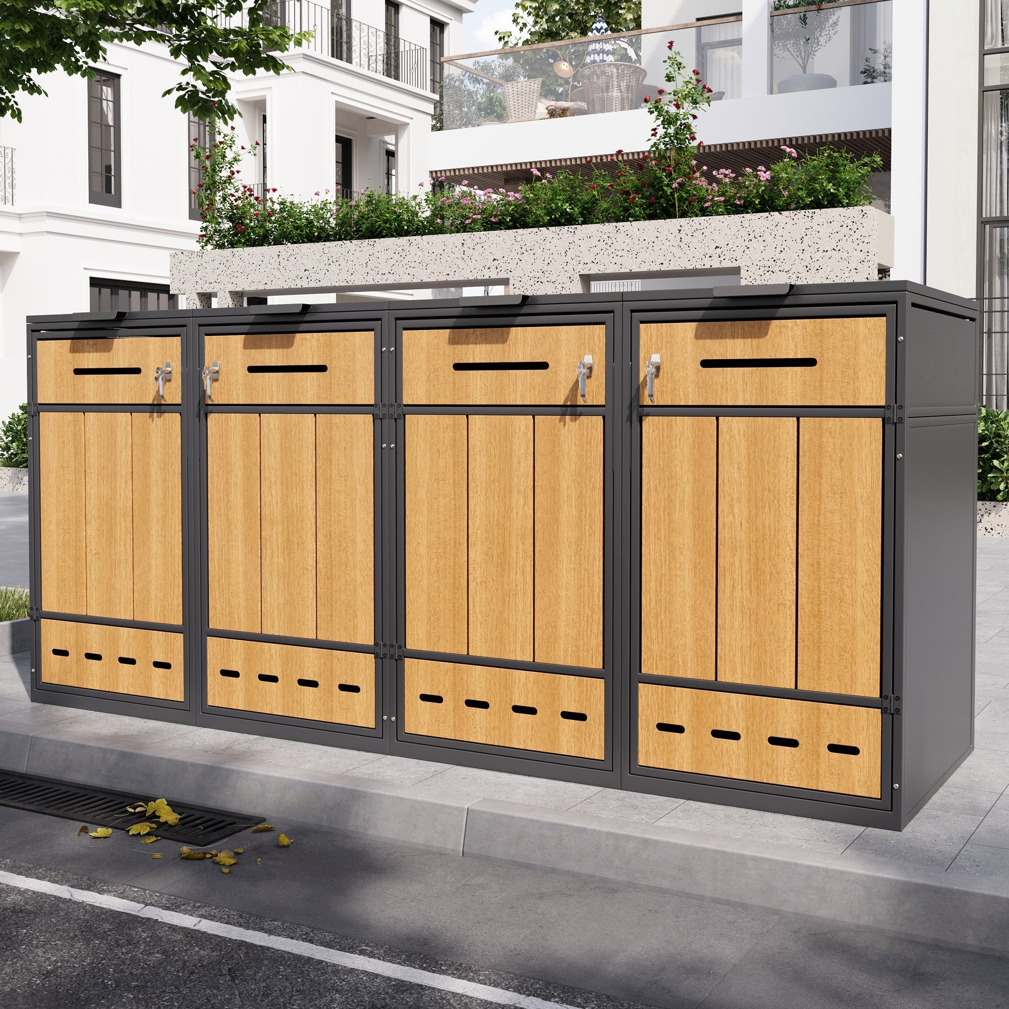 Bin Storage Unit for 4 Trash Cans, Lockable with Ventilation, Steel