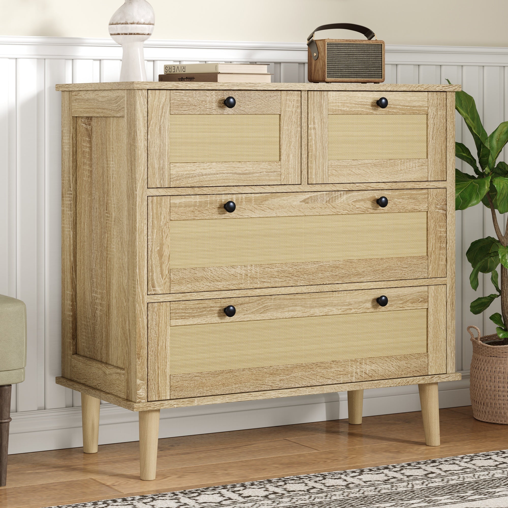 Chest of drawers with four drawers, rattan, solid wood