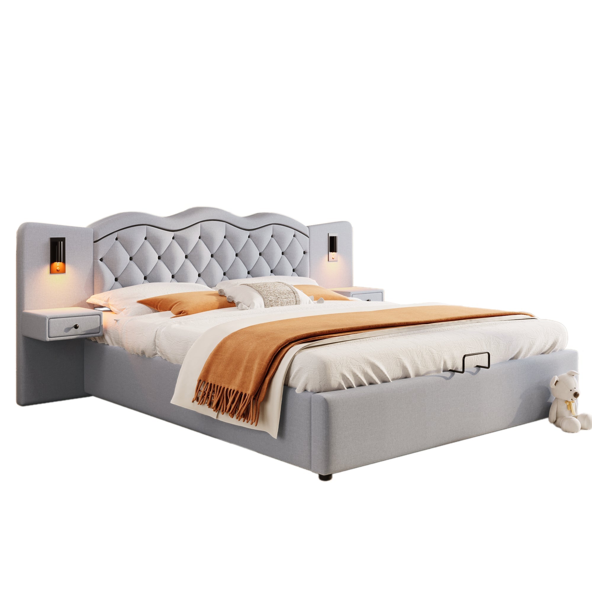 Upholstered Flat Bed with Hydraulic Lifting Mechanism, USB Ports and Storage, Grey
