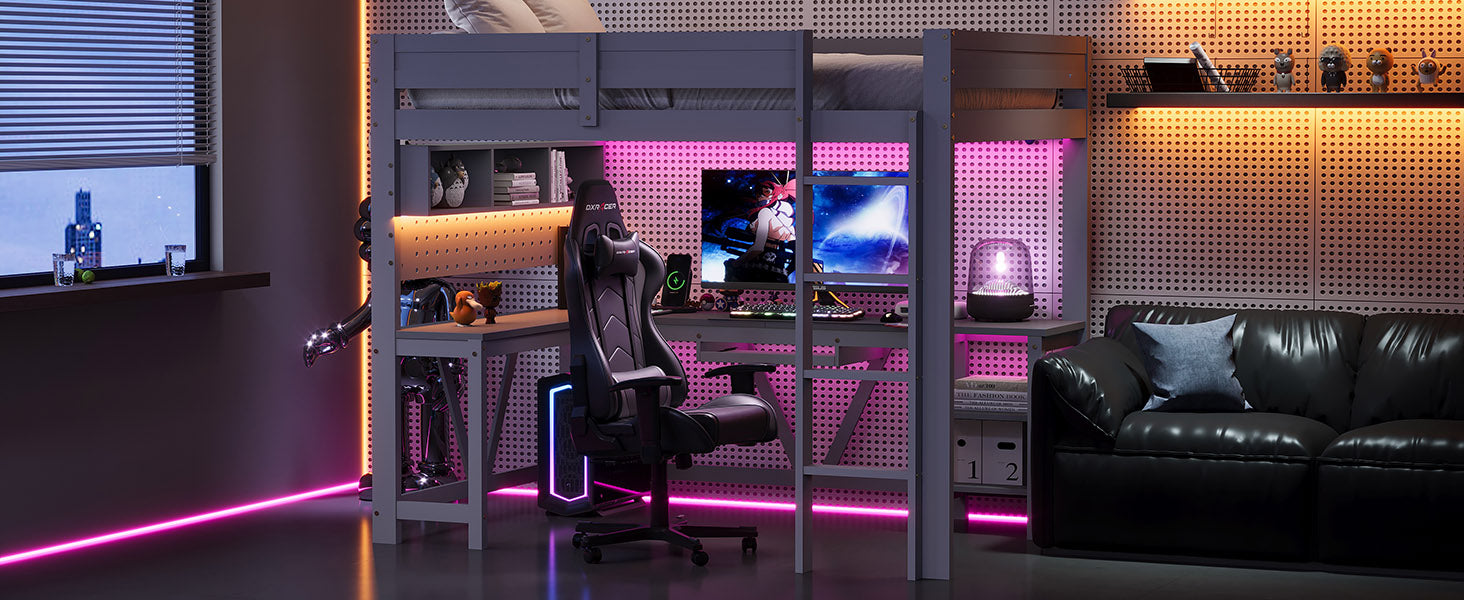 Gaming Loft Bed with Desk, LED Lighting and Charging Station, 90 x 200 cm, Grey Wood