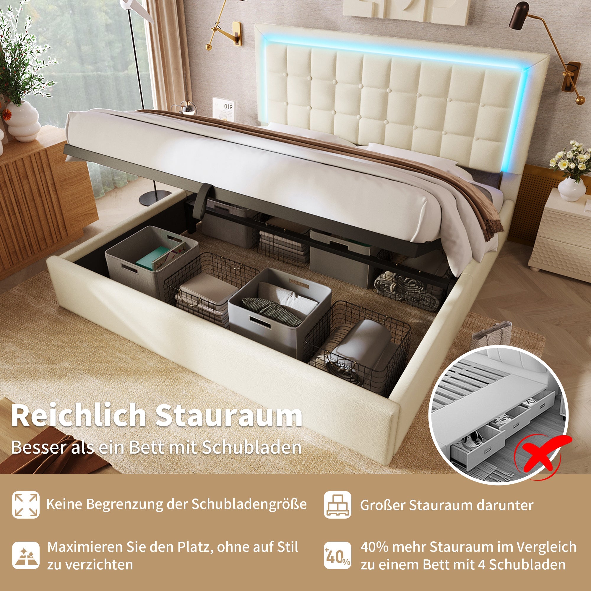 Upholstered Bed with LED Lighting, Storage Space and Slatted Frame, 140x200cm, White Faux Leather